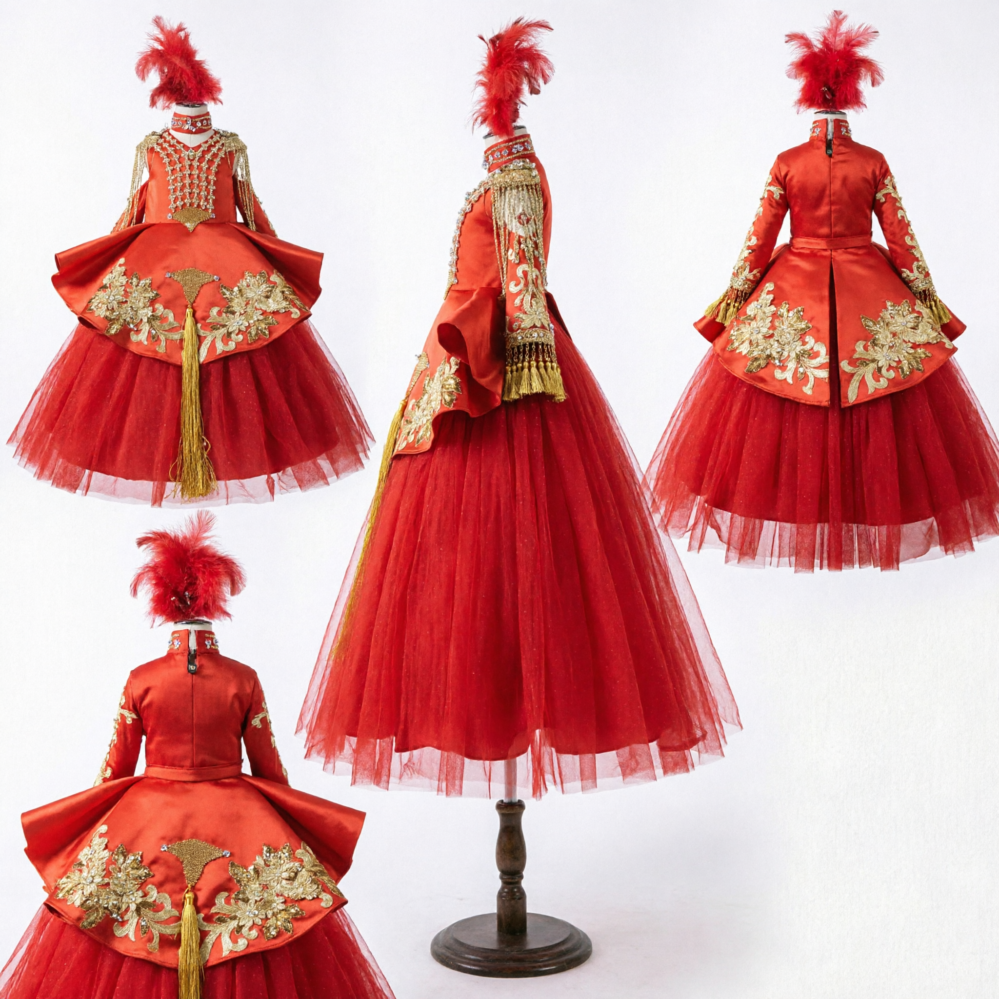Women's Traditional Chinese Wedding Dress Red Gown with Gold Embroidery and Feather Headpiece for Bridal Performance - Asian Costume