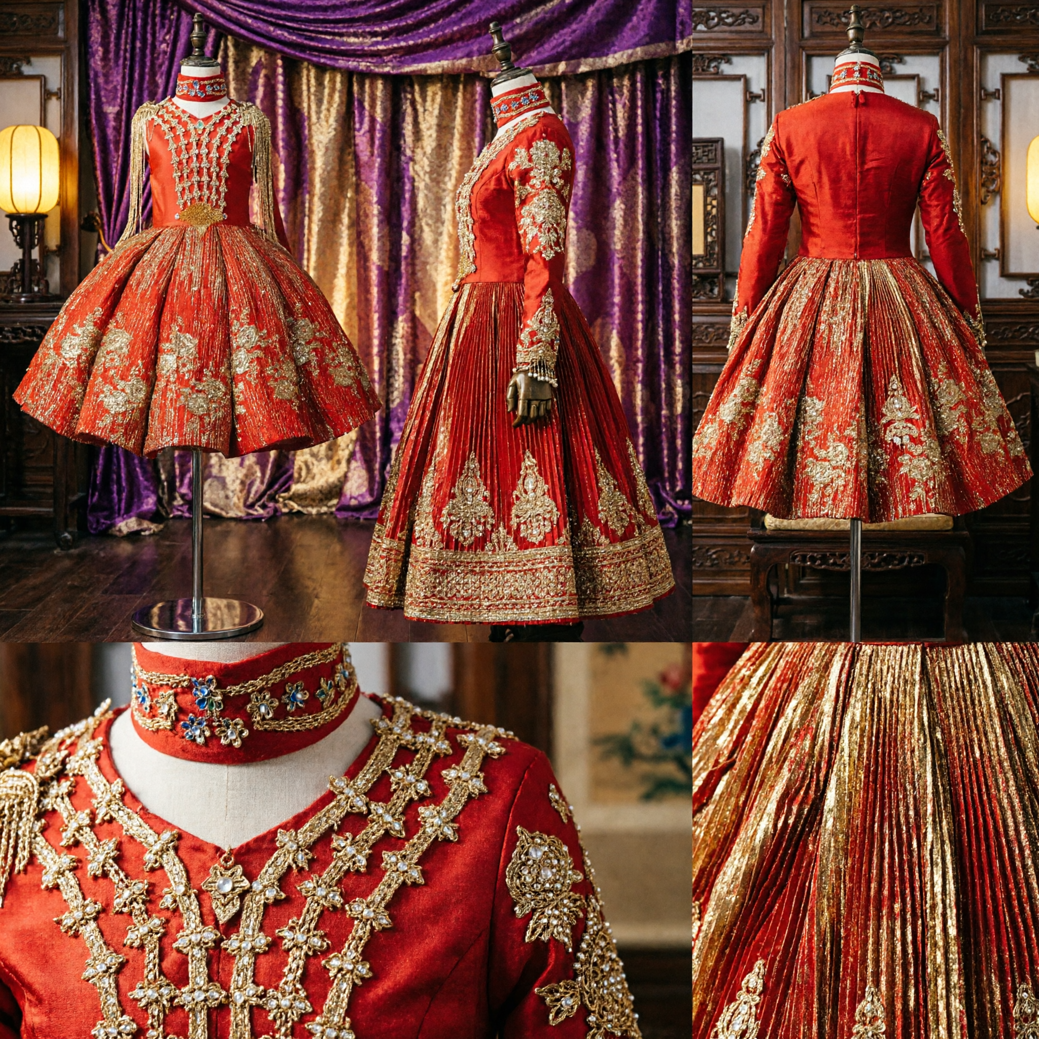 Professional Red Chinese Folk Dance Costume with Gold Embroidery Stage Performance Dress for Women - Asian Costume