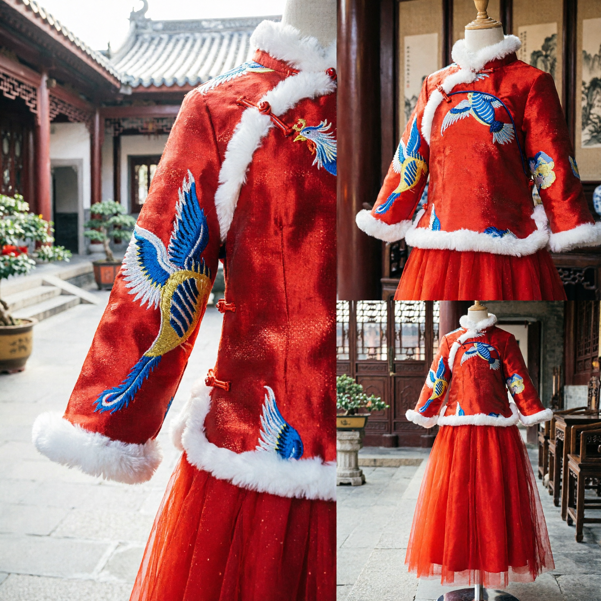 Traditional Chinese New Year Costume Red Embroidered Crane Tang Suit Top with Fur Trim and Skirt Set - Asian Costume