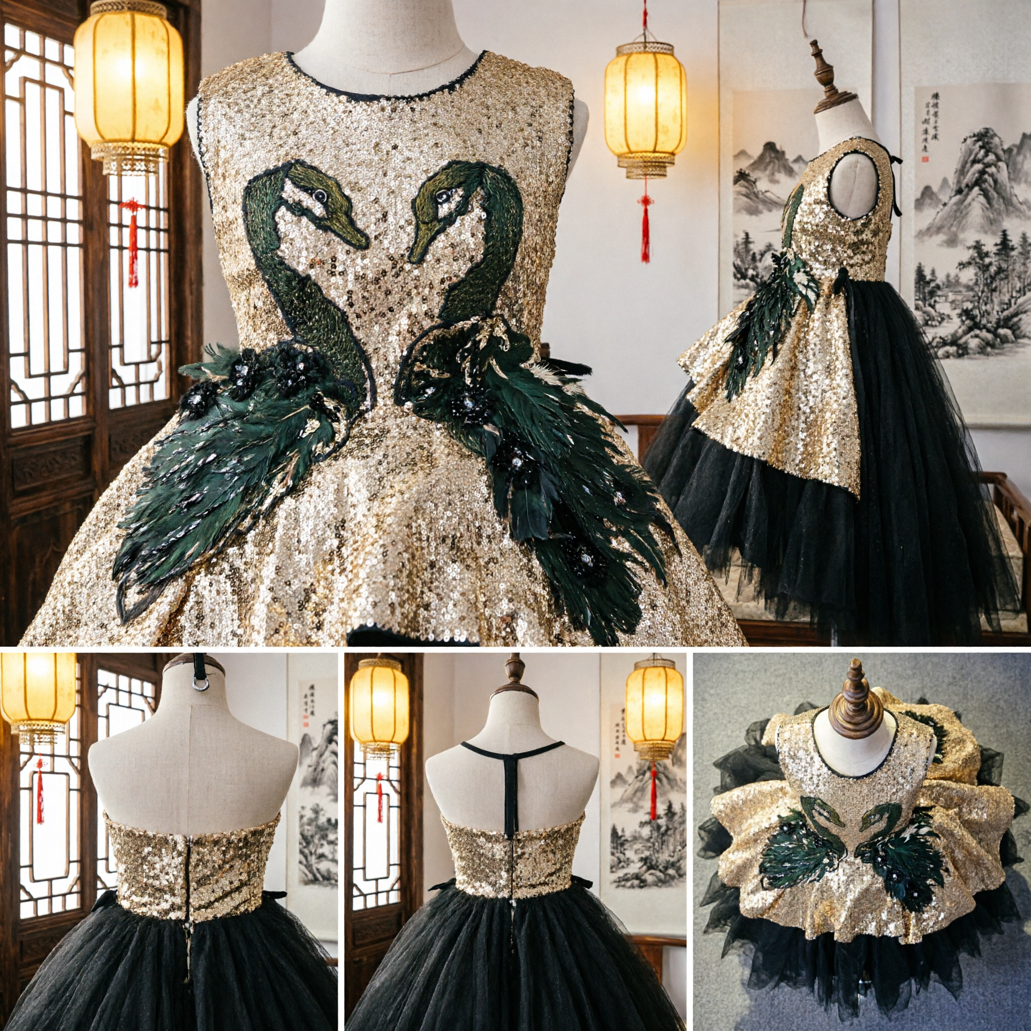 Kids Girls Swan Lake Ballet Dance Costume Gold Sequin Bodice Black Tulle Ball Gown Dress - Asian Costume