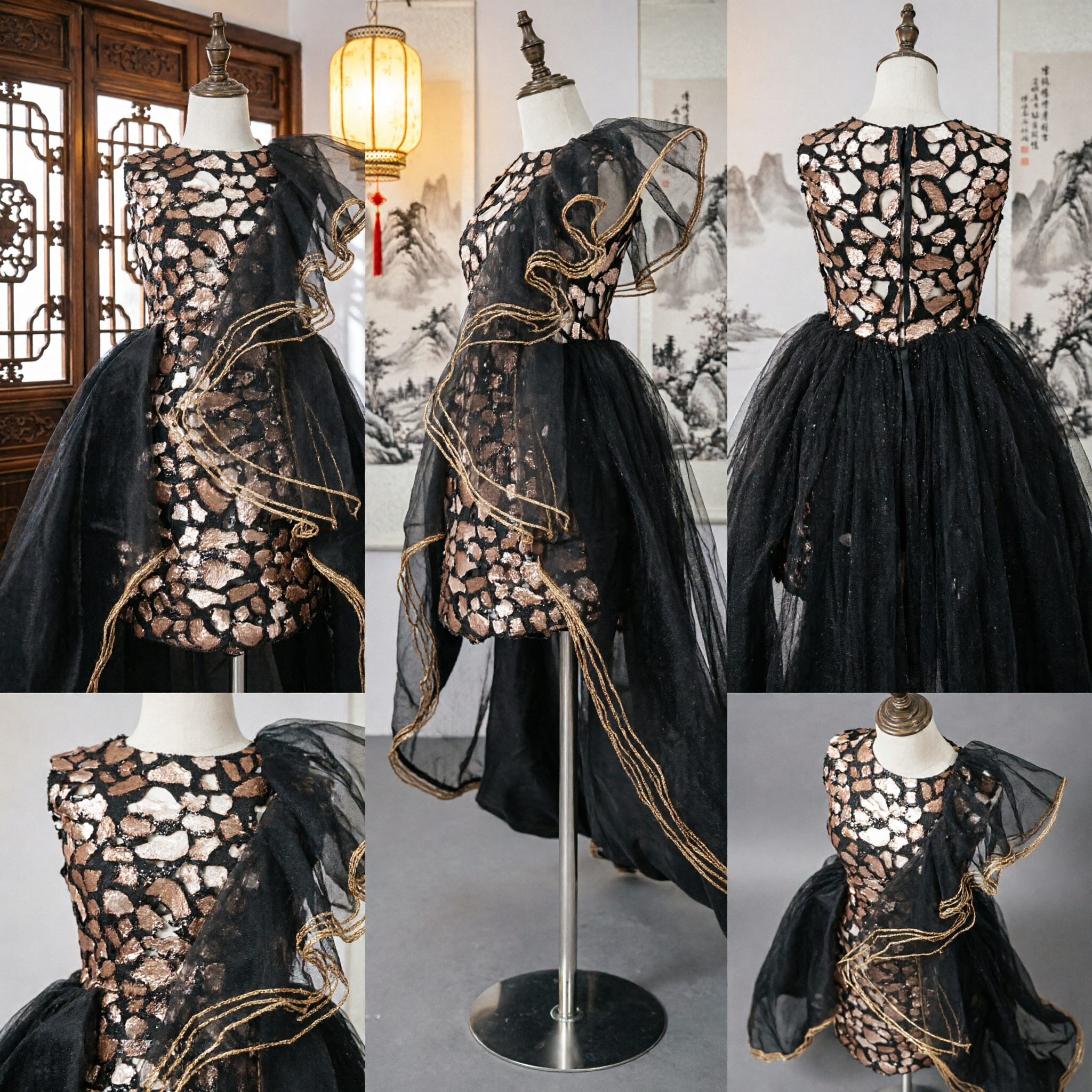 Luxury Black Sequin Bodice Gown with Gold Piping and Dramatic Tulle Skirt Stage Performance Costume - Asian Costume