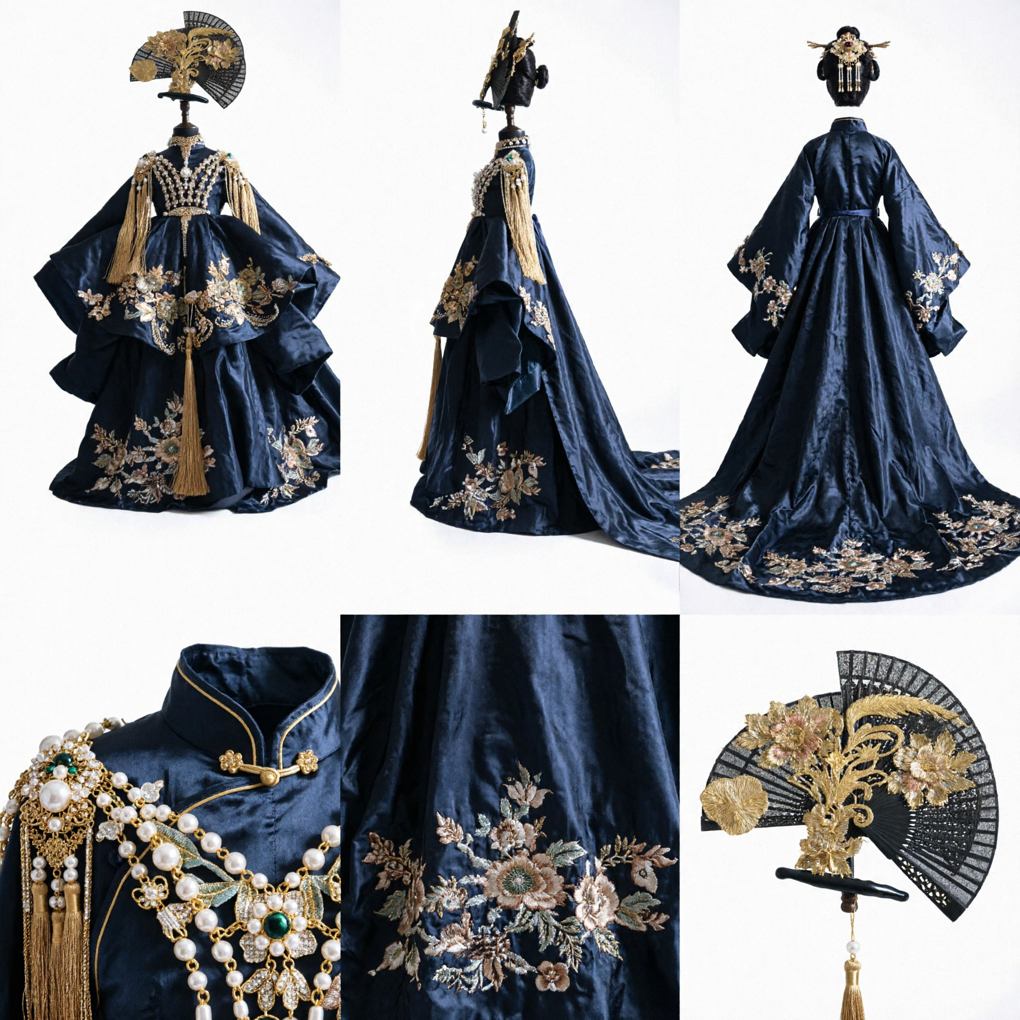 Grand Black Chinese Traditional Wedding Dress Ballgown with Gold Embroidery and Fan for Formal Occasions - Asian Costume
