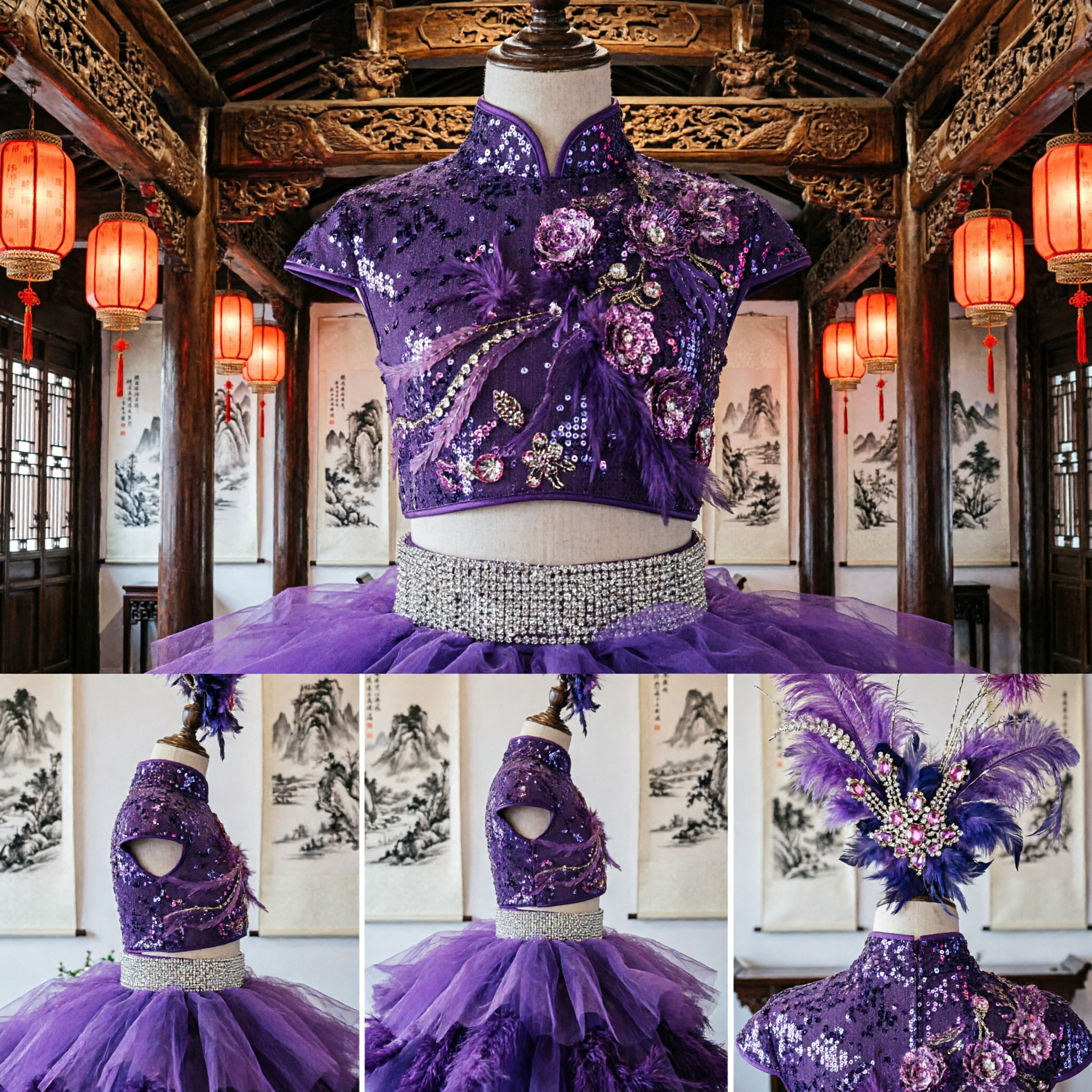 Girls Purple Latin Dance Costume Sequined Crop Top Layered Tutu Skirt Stage Performance Dress with Headpiece - Asian Costume
