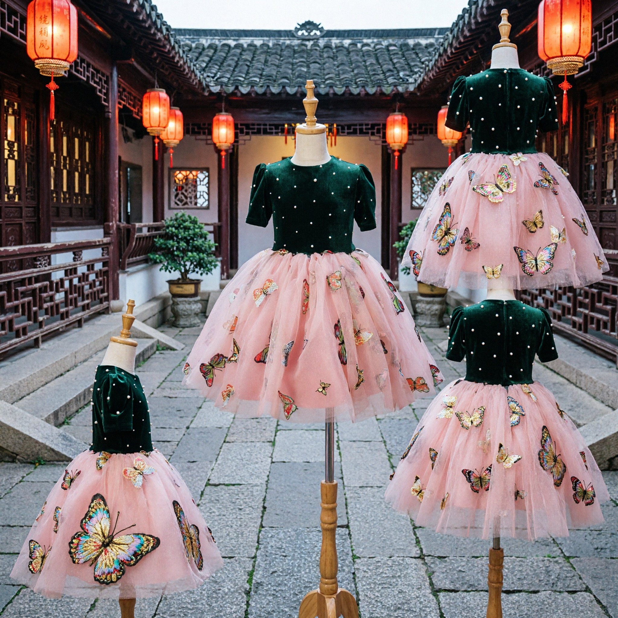 Girls Green Velvet Bodice Pink Tulle Skirt Butterfly Embroidery Formal Party Wedding Flower Girl Dress - Asian Costume