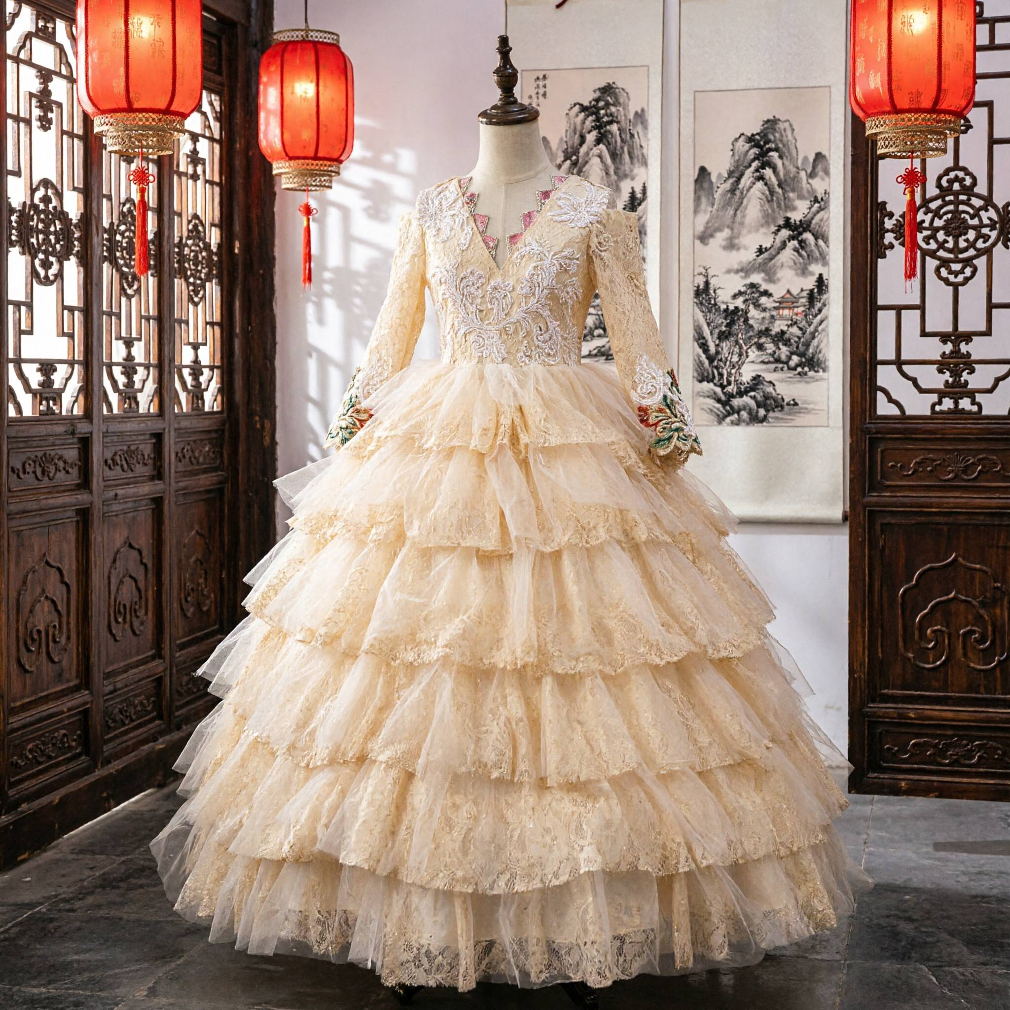 Elegant Champagne Victorian Ball Gown Long Sleeve Lace Tiered Ruffle Skirt Princess Dress for Women - Asian Costume