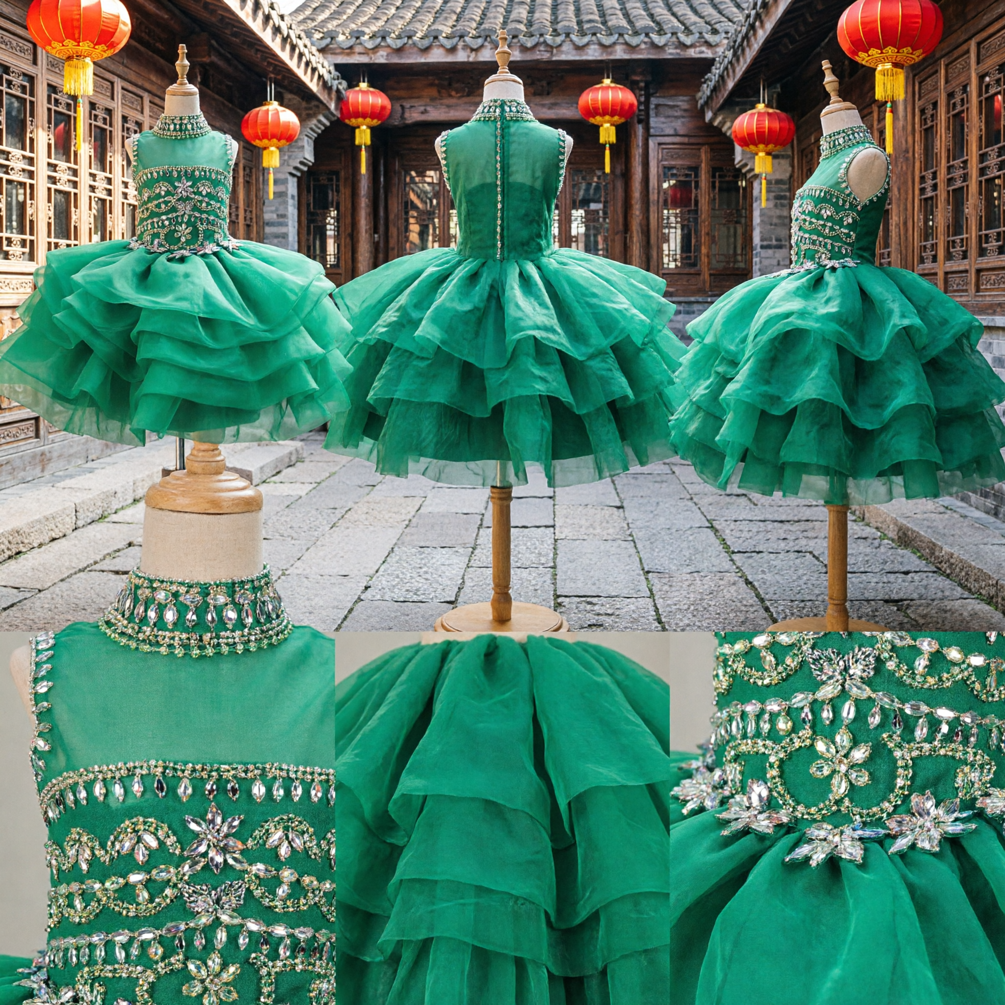 Emerald Green Girls Latin Dance Dress Rhinestone Bodice Ruffled Tulle Skirt Kids Ballroom Competition Stage Costume - Asian Costume