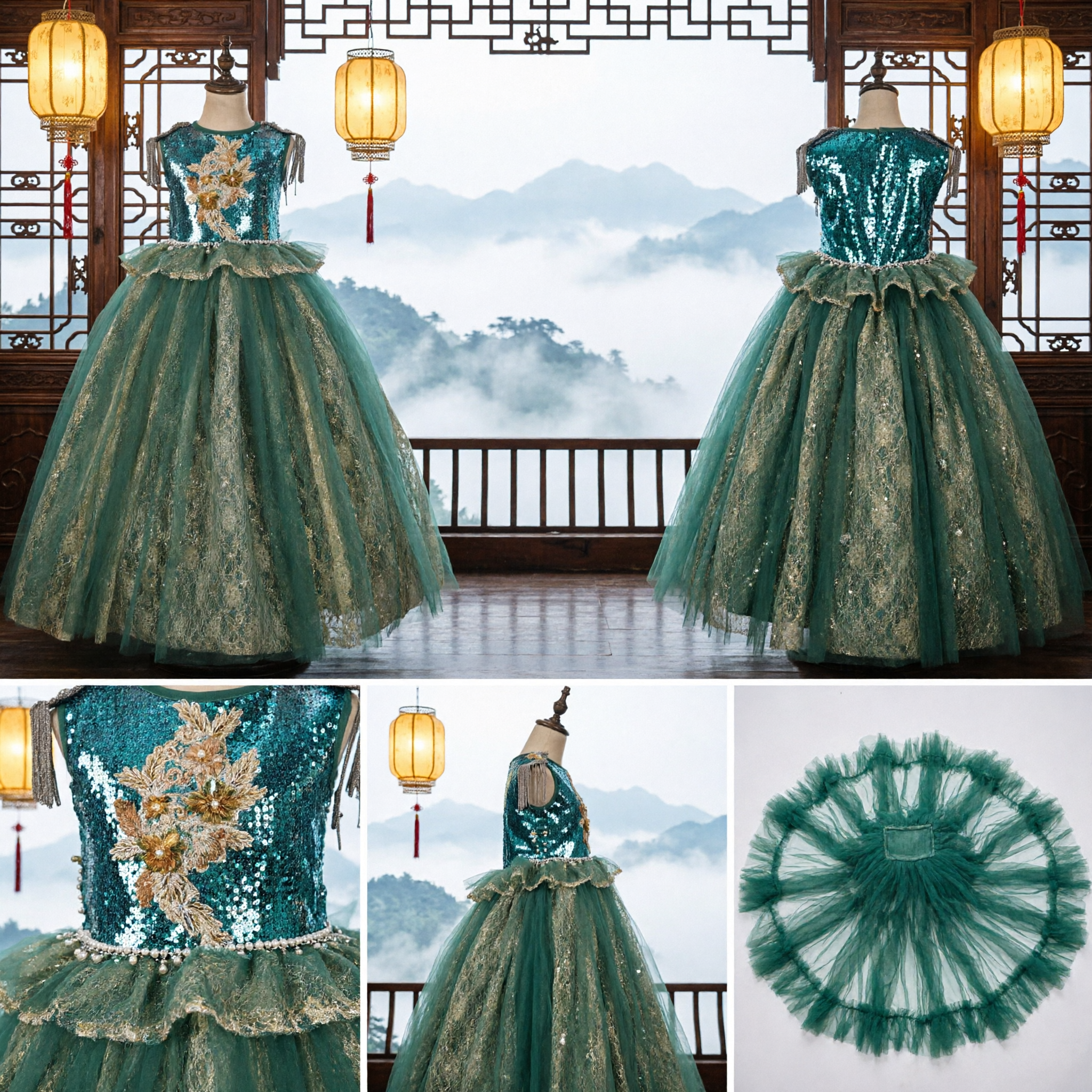 Girls Emerald Green Sequin Bodice Ballgown with Gold Lace Tulle Skirt for Stage Performance Costume - Asian Costume