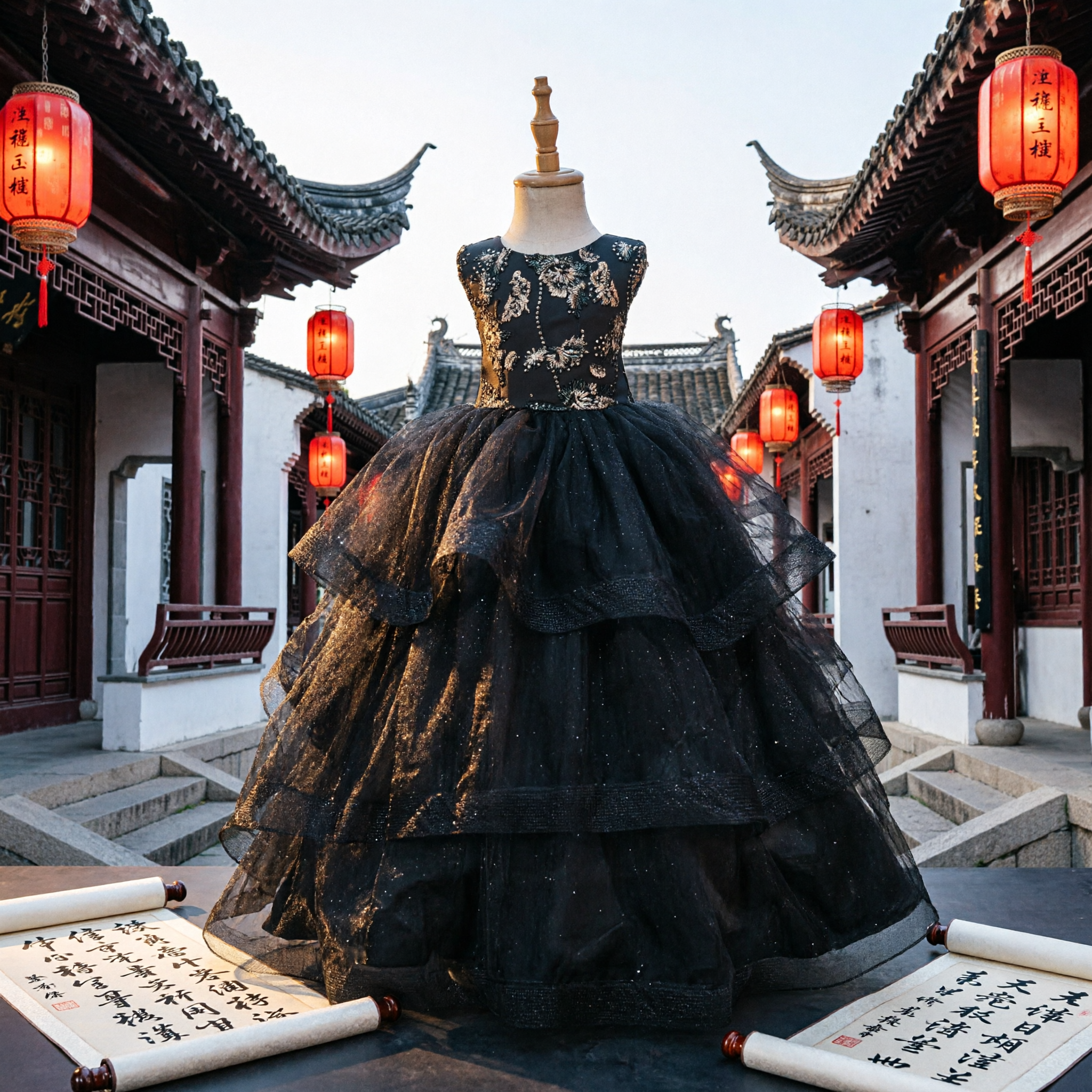 Black Sequin Bodice Tiered Tulle Ballgown Dress for Girls Kids Formal Wedding Pageant Party - Asian Costume