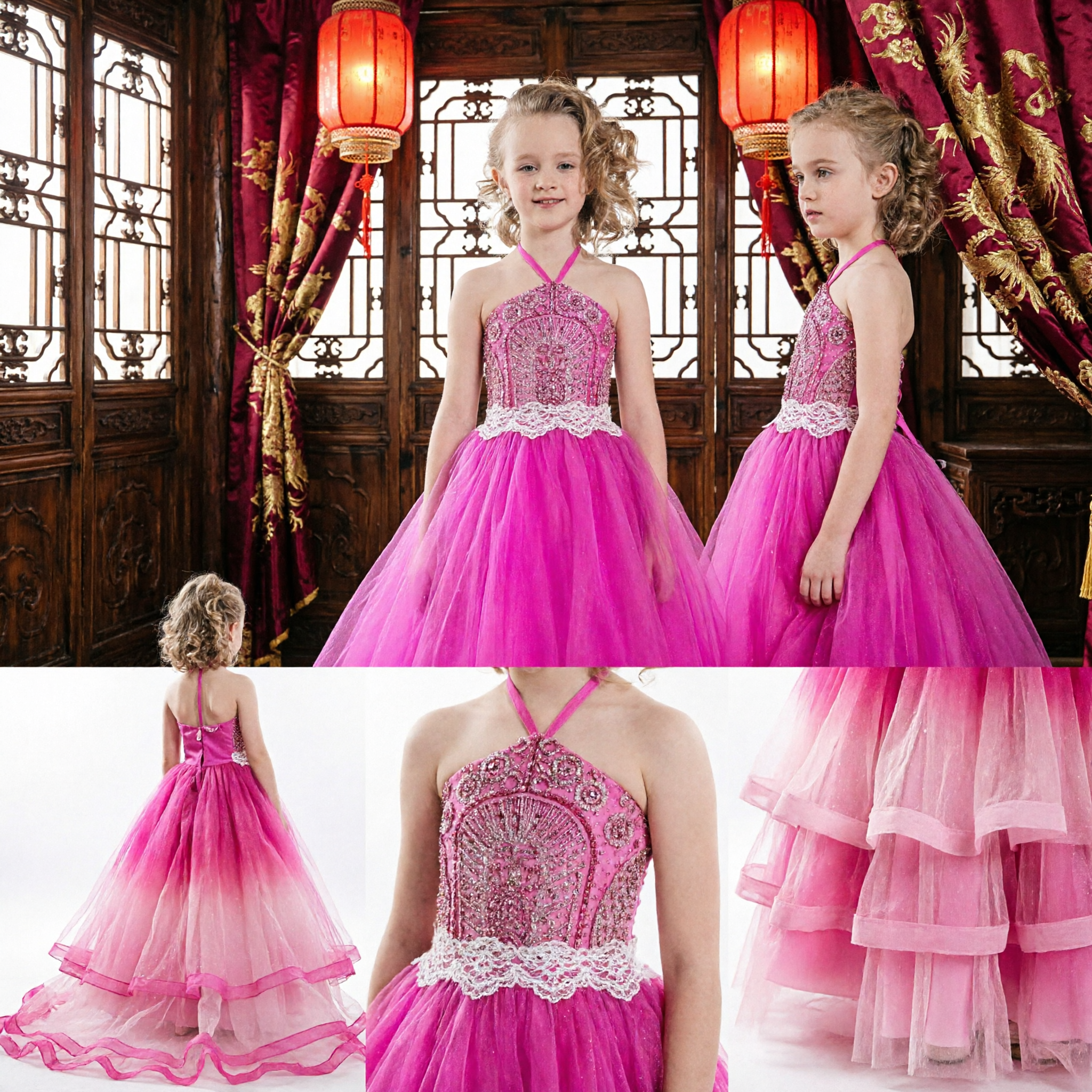Girls Hot Pink Pageant Ball Gown Halter Beaded Bodice Tulle Skirt Flower Girl Dress - Asian Costume
