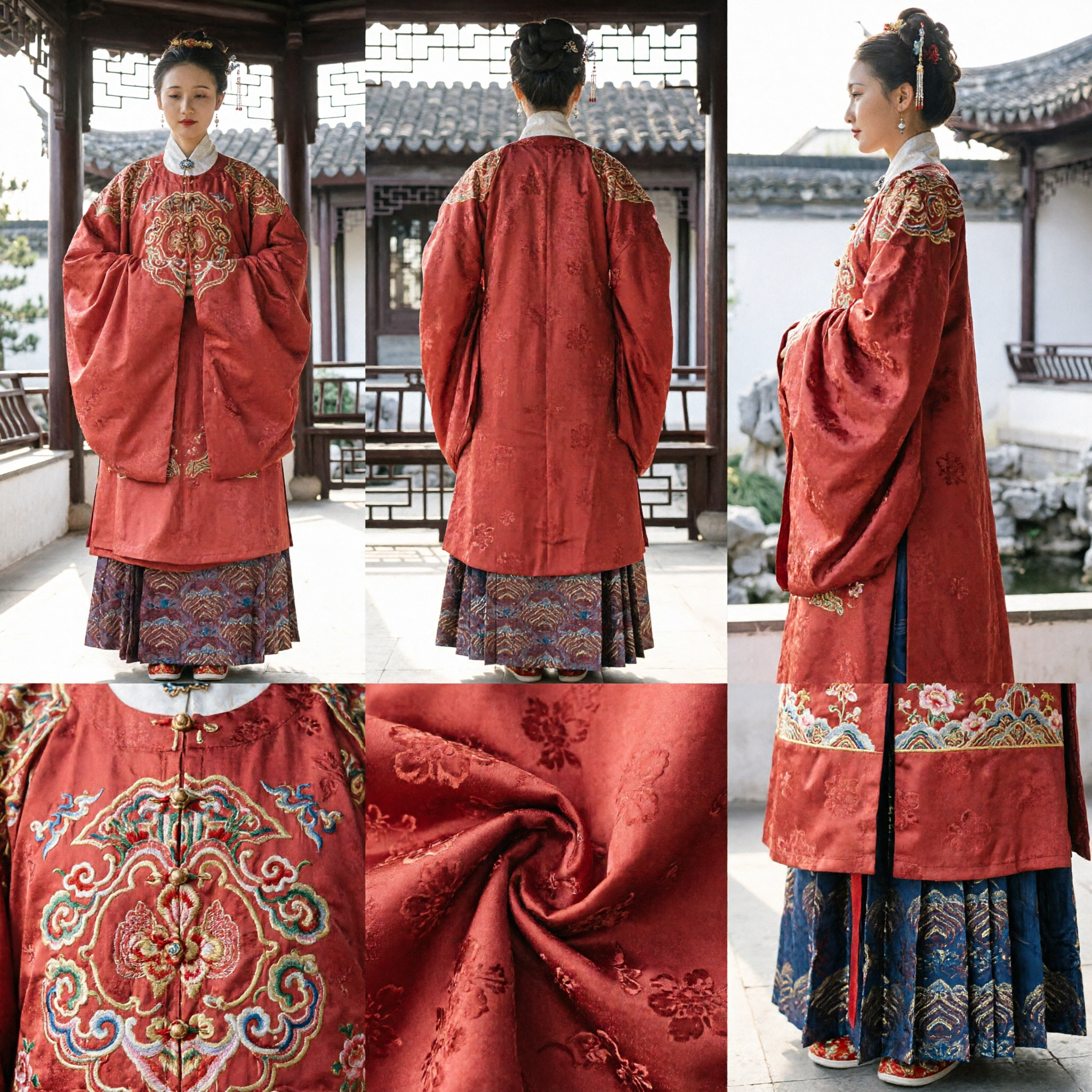 Traditional Chinese Hanfu Ming Dynasty Red Embroidered Robe and Skirt Set for Women Wedding Ceremony - Asian Costume