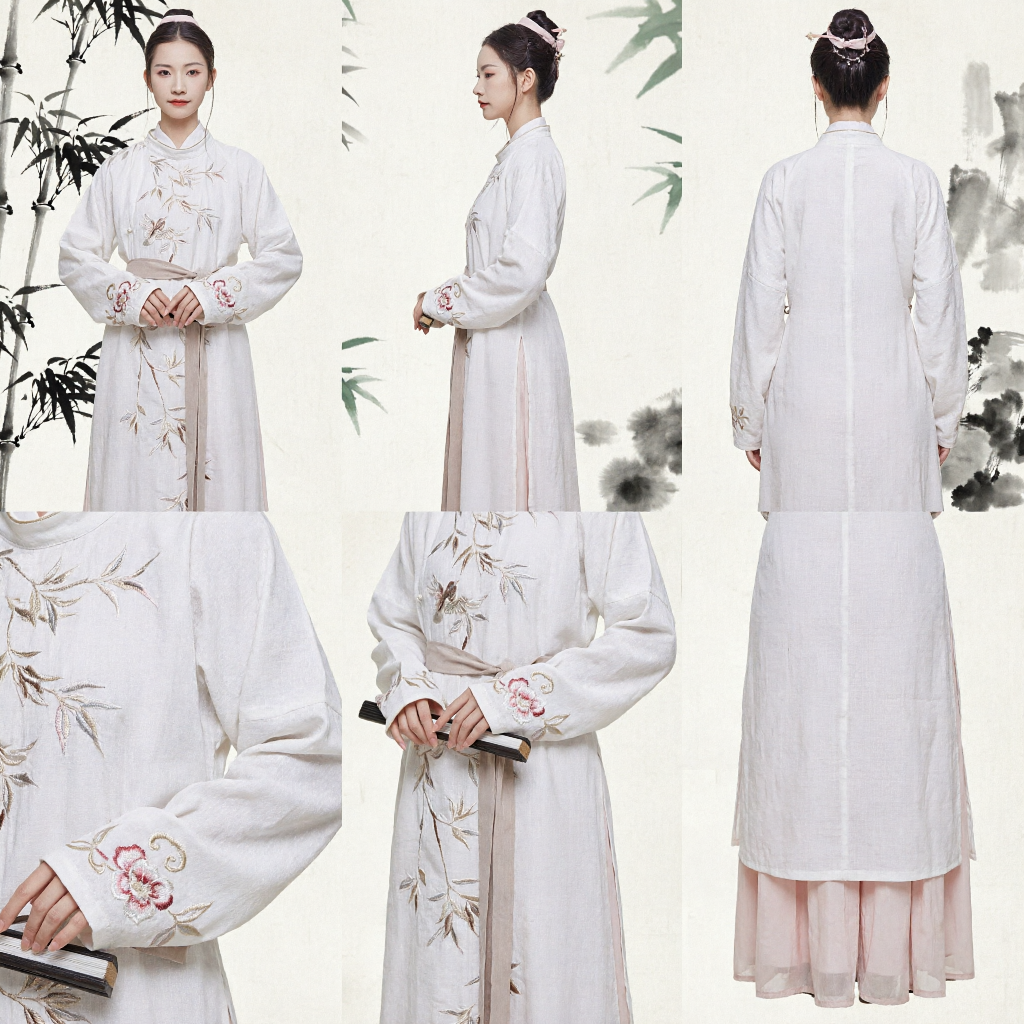 Elegant Traditional Chinese Hanfu Costume Ancient Embroidered Bamboo White Robe and Pink Skirt for Women - Asian Costume