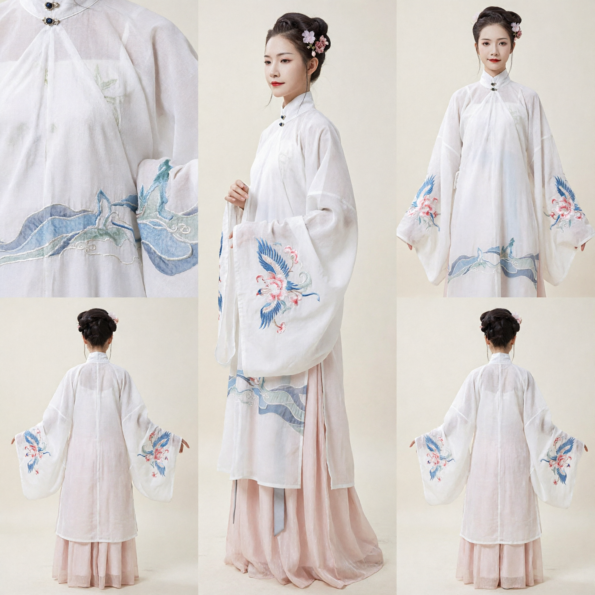 Elegant White Ming Dynasty Hanfu Traditional Chinese Clothing Women's Costume with Blue Embroidery and Pink Skirt for Performance - Asian Costume