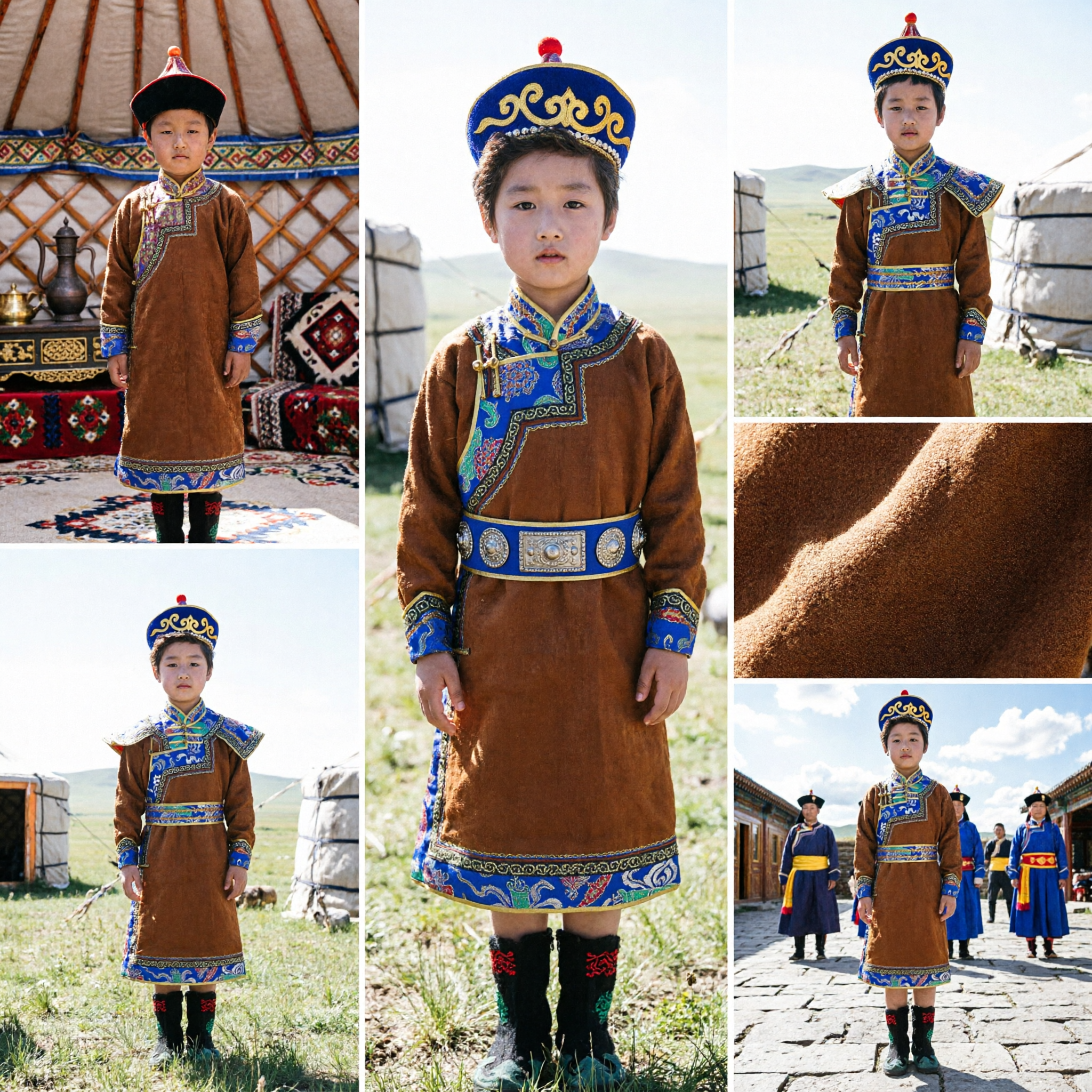 Traditional Mongolian Ethnic Costume for Boys Kids Folk Dance Performance Outfit Brown Robe and Hat Set - Asian Costume
