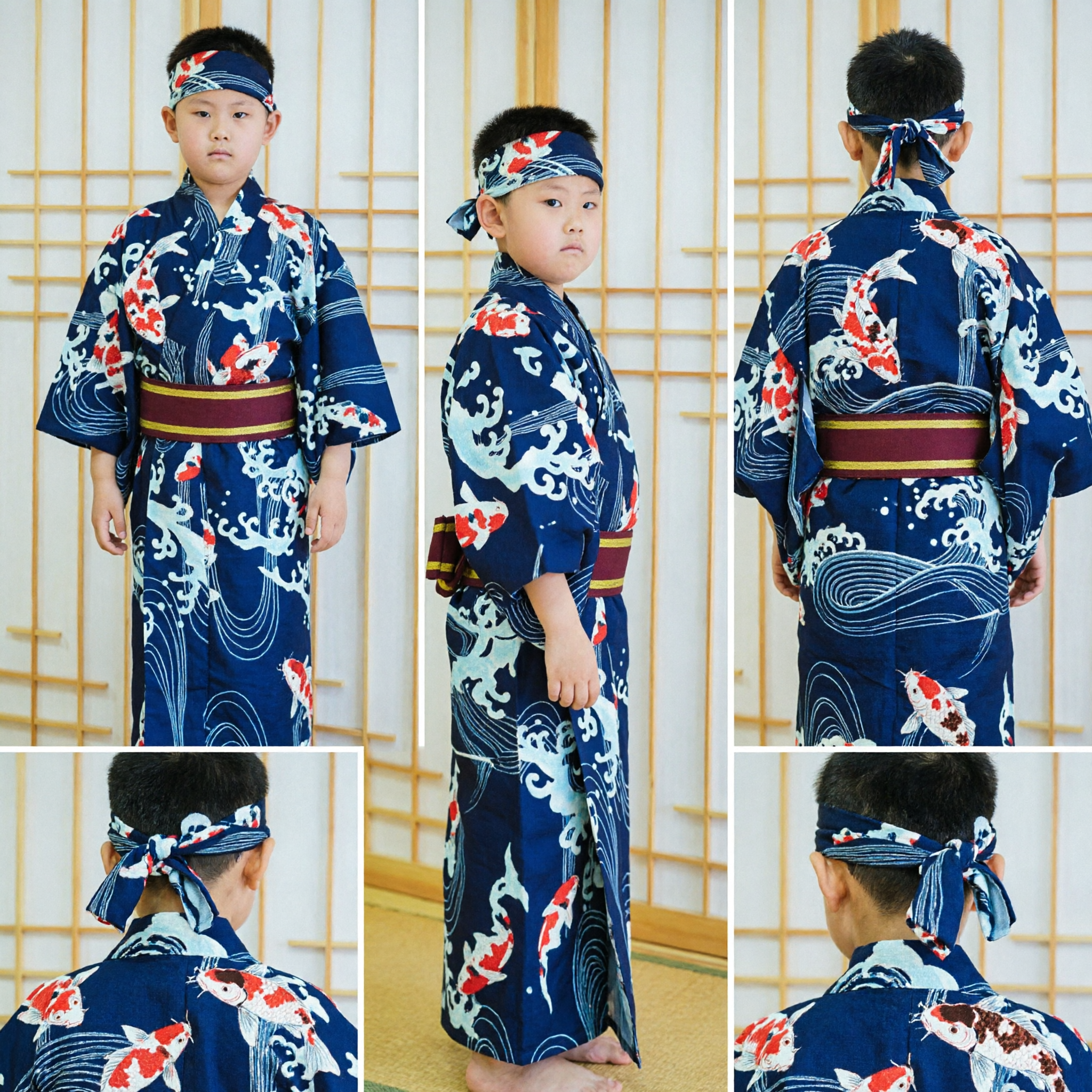 Traditional Japanese Boys Samurai Kimono Costume with Koi Fish Pattern for Kids Halloween Cosplay and Stage Performance - Asian Costume