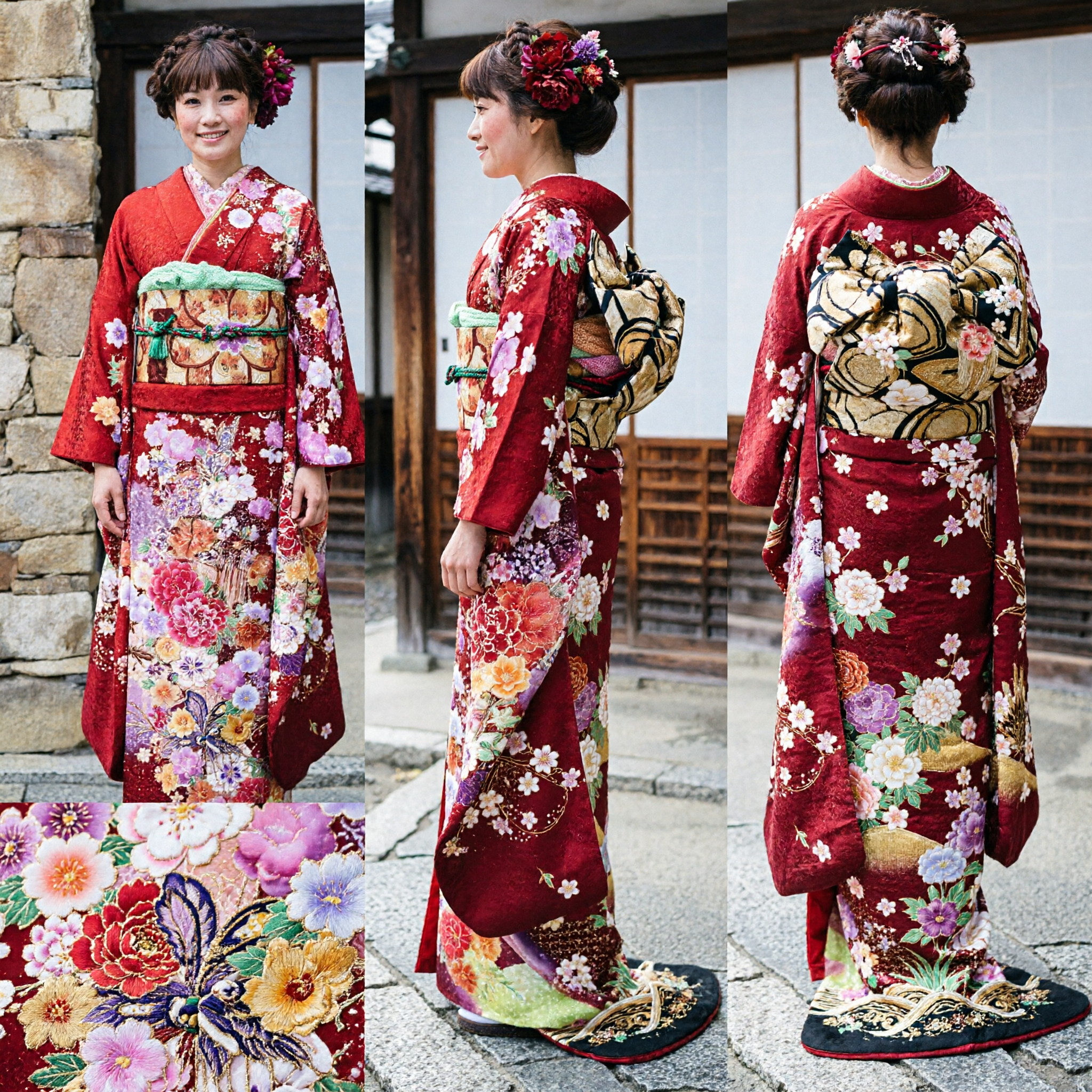 Traditional Japanese Red Floral Kimono for Women Elegant Long Sleeve Wedding Festival Costume Dress - Asian Costume