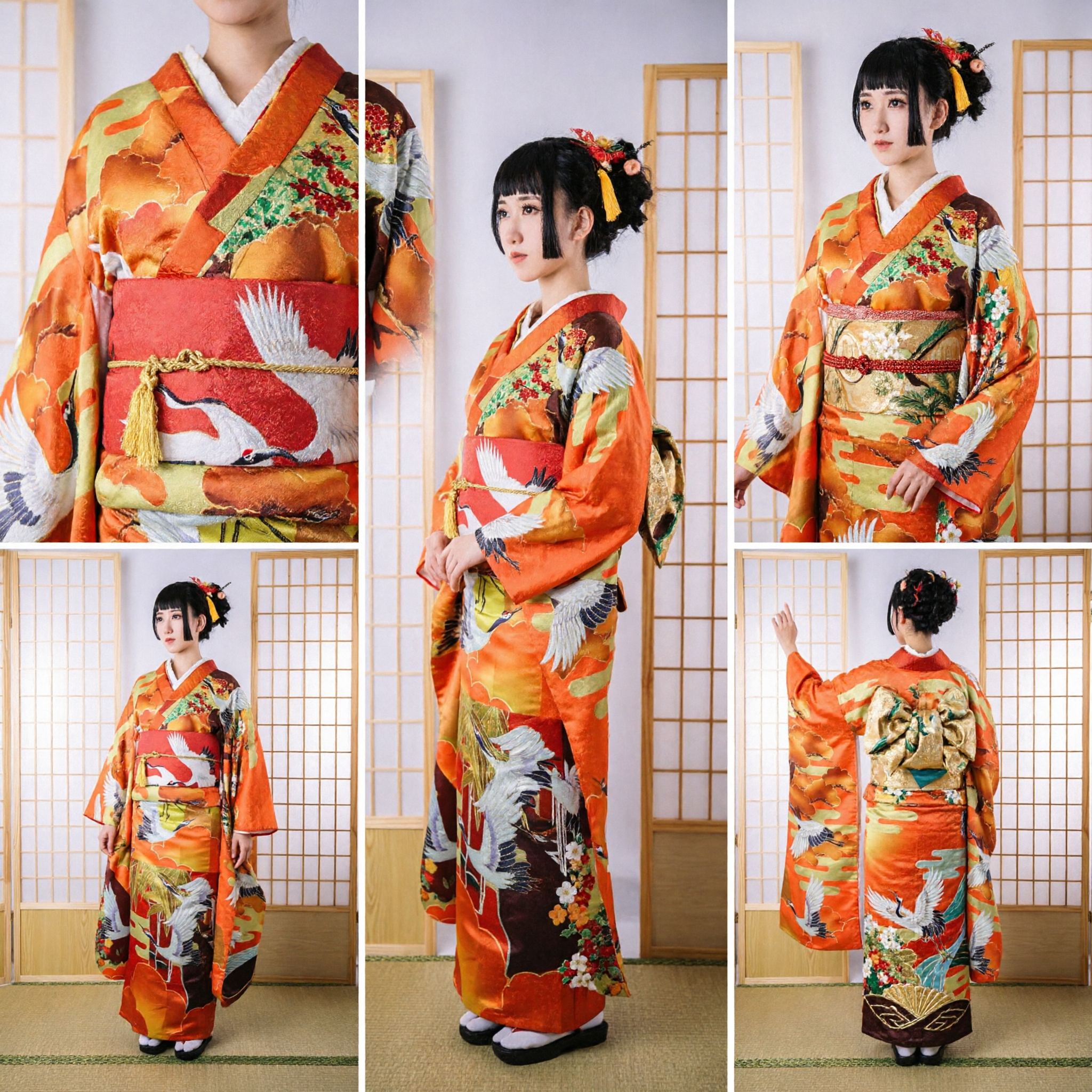 Traditional Japanese Orange Furisode Kimono with Crane Print for Women Wedding and Ceremony Costume - Asian Costume