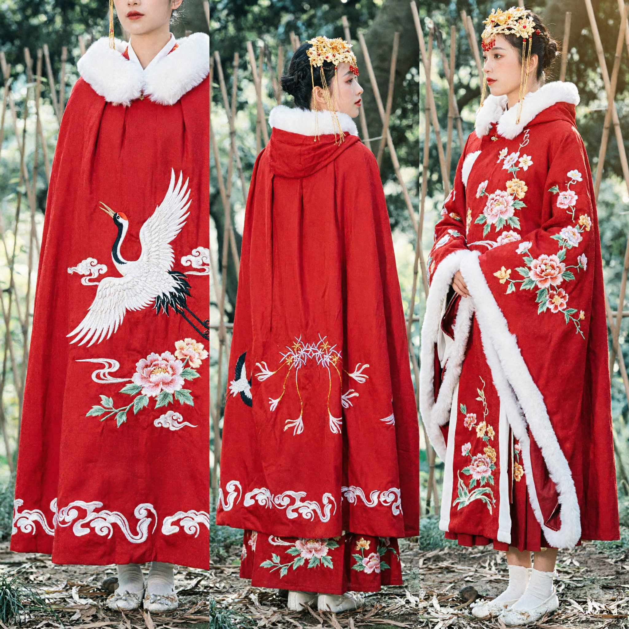 Traditional Chinese Red Hanfu Cloak Winter Cape with White Fur Hood and Embroidery for Women Cosplay - Asian Costume