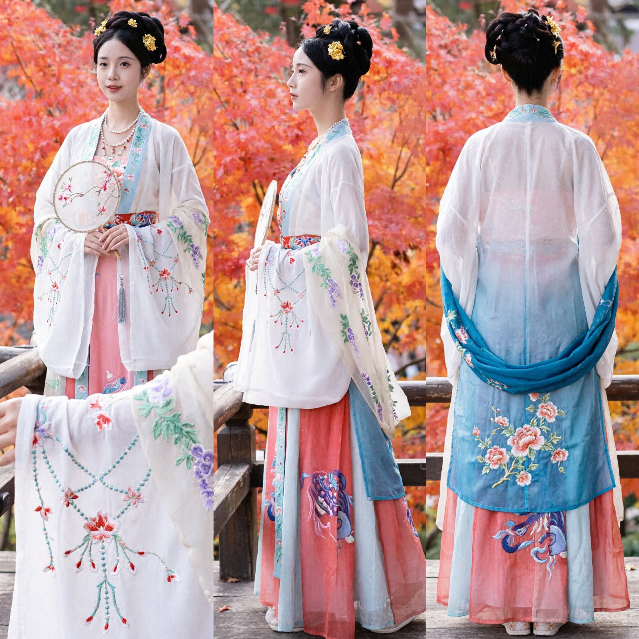 Elegant Traditional Chinese Hanfu Tang Dynasty Embroidered Floral Robe and Skirt Set for Women Photography - Asian Costume