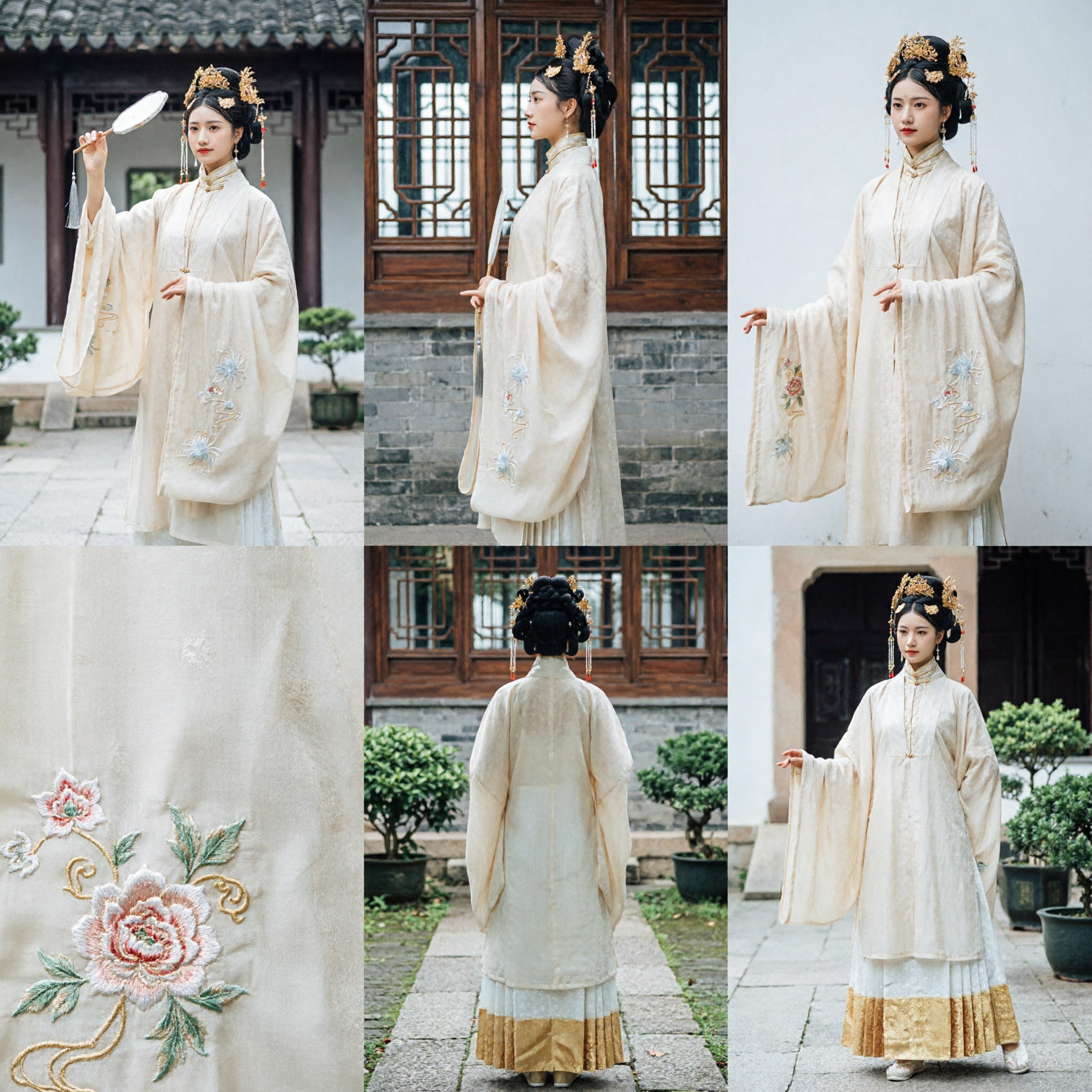 Traditional Chinese Hanfu Ming Dynasty Style Cream Embroidered Robe and Skirt Set for Women Ancient Costume Photography - Asian Costume