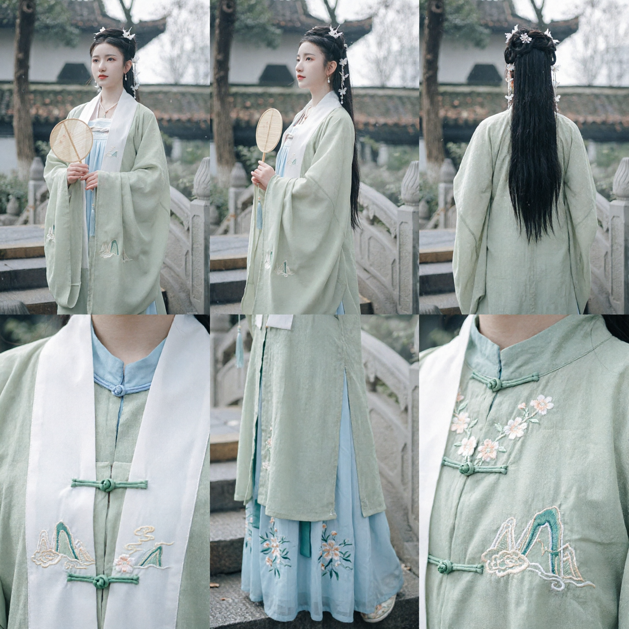 Traditional Chinese Song Dynasty Hanfu Costume Light Green Embroidered Beizi Jacket and Blue Skirt Set for Women - Asian Costume