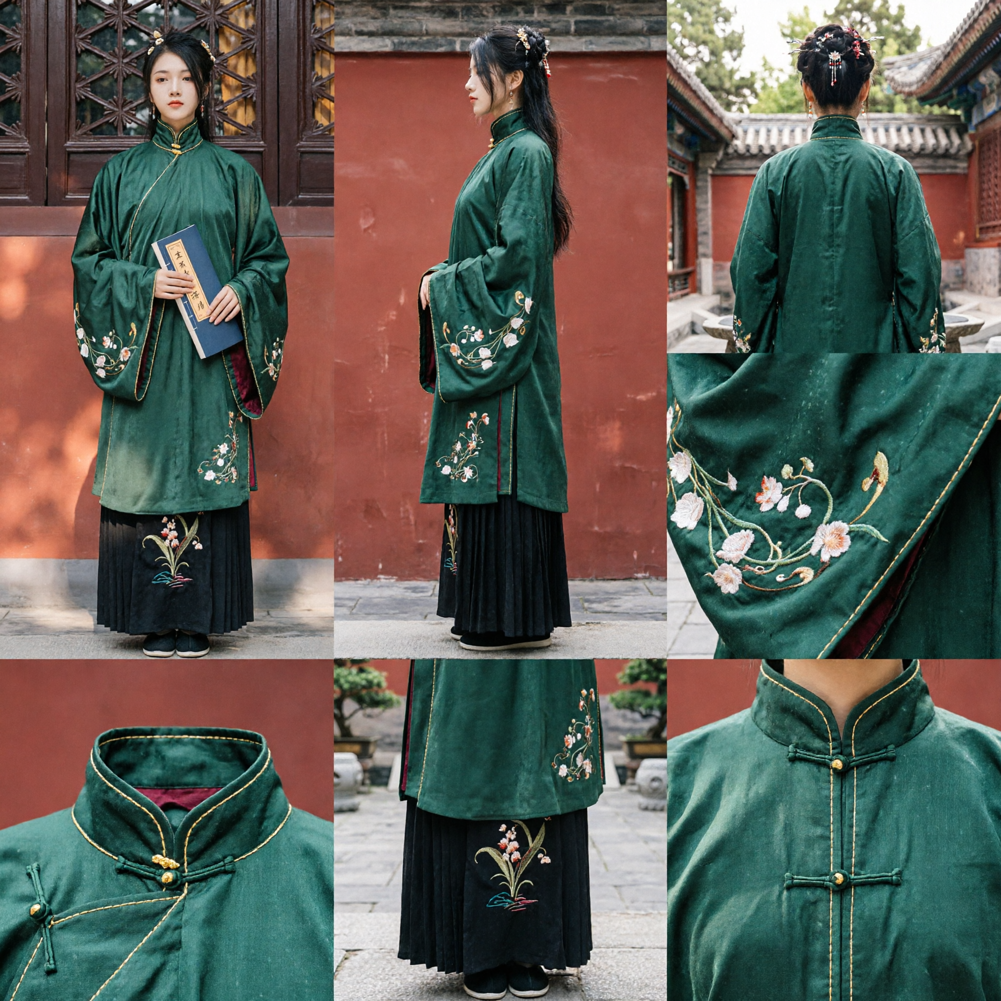 Traditional Chinese Qing Dynasty Dark Green Velvet Embroidery Top and Skirt Set for Women Hanfu Performance Costume - Asian Costume