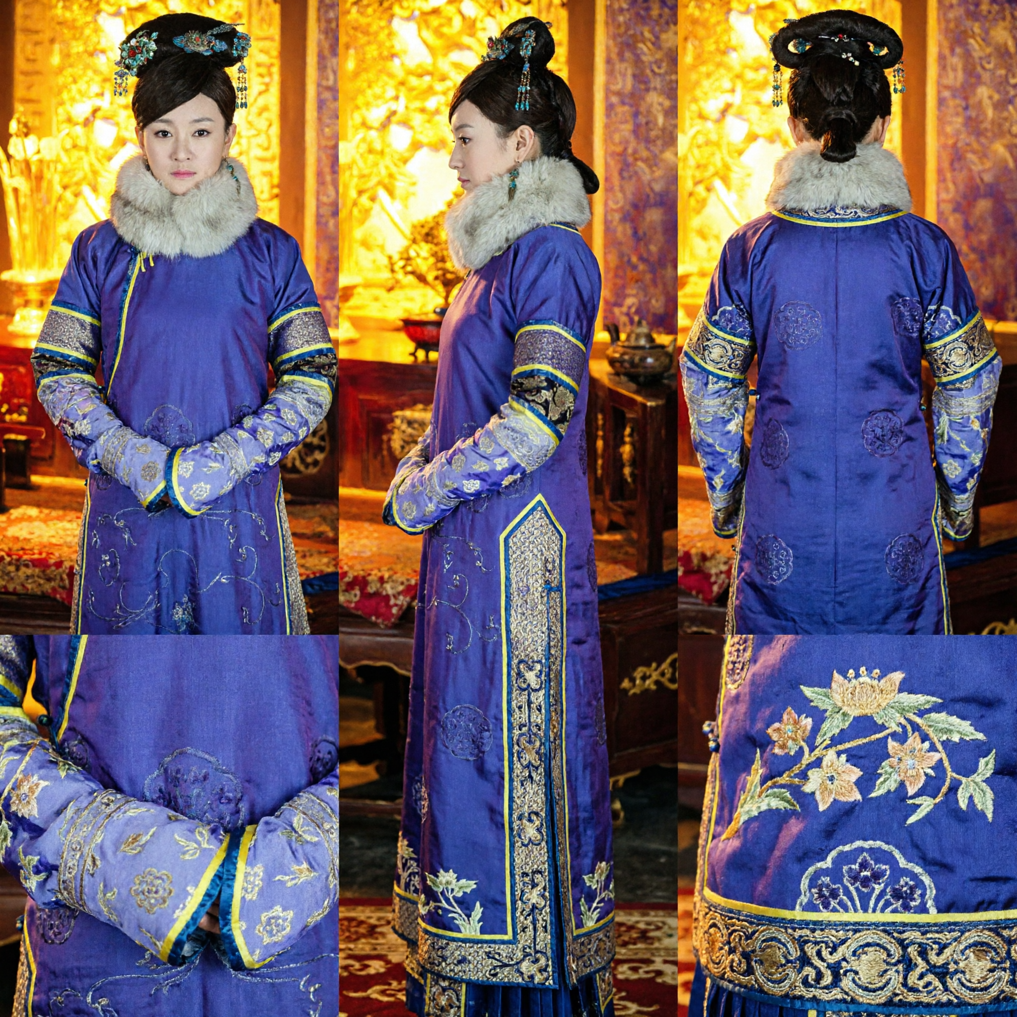 Ancient Chinese Qing Dynasty Manchu Princess Blue Embroidered Robe Costume with Fur Collar for Women - Asian Costume
