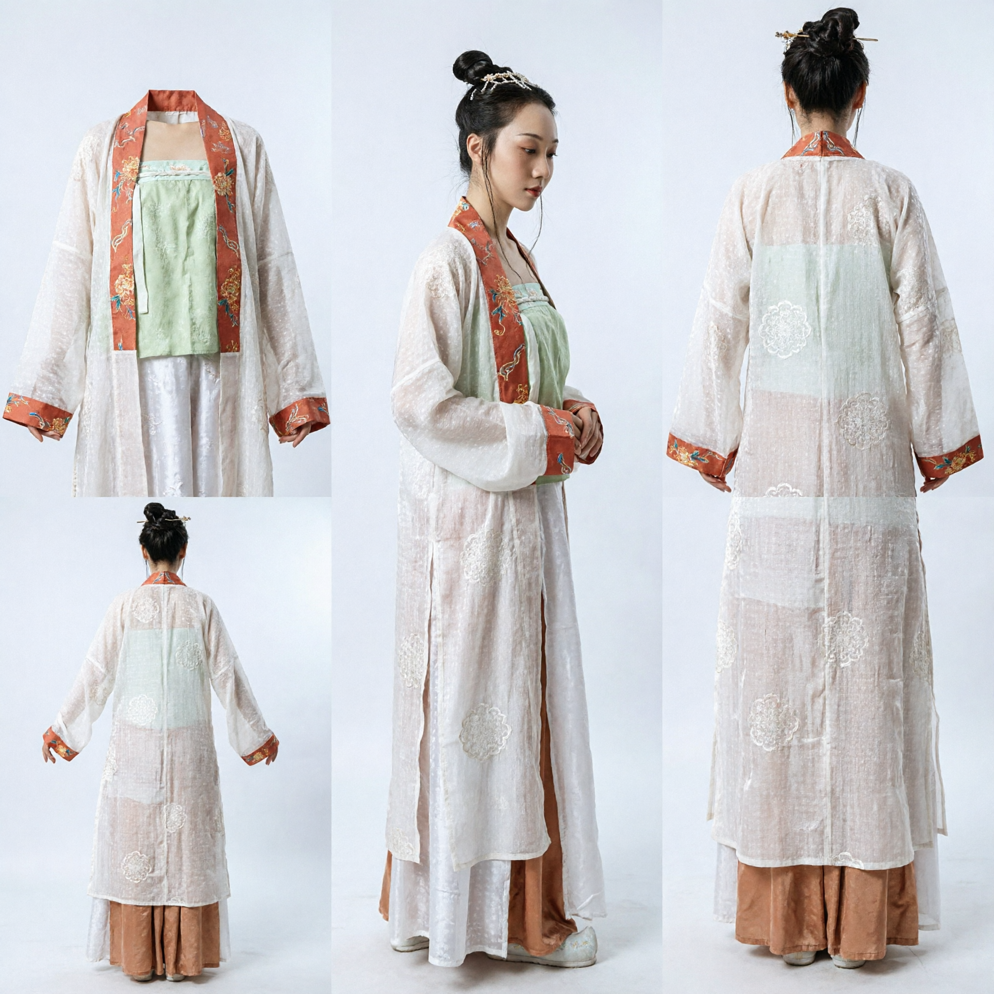 Women's Traditional Chinese Hanfu Costume Ancient Tang Dynasty Green Ruqun Dress with Sheer White Robe for Performance - Asian Costume
