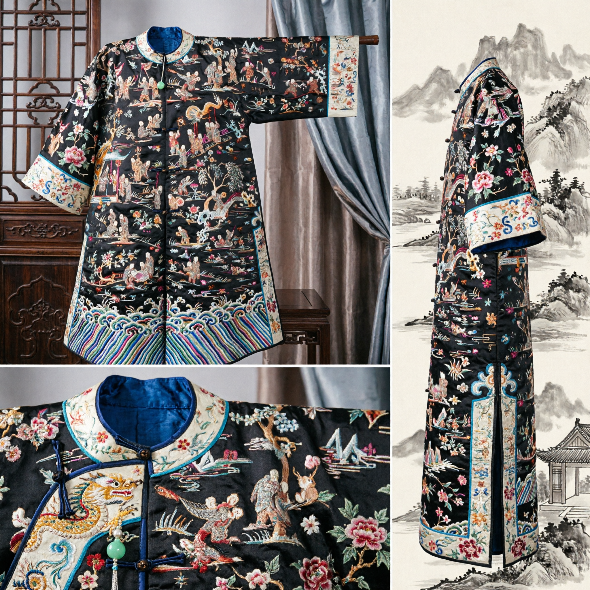 Men's Traditional Chinese Qing Dynasty Black Robe with Colorful Embroidery Peking Opera Costume for Performance - Asian Costume