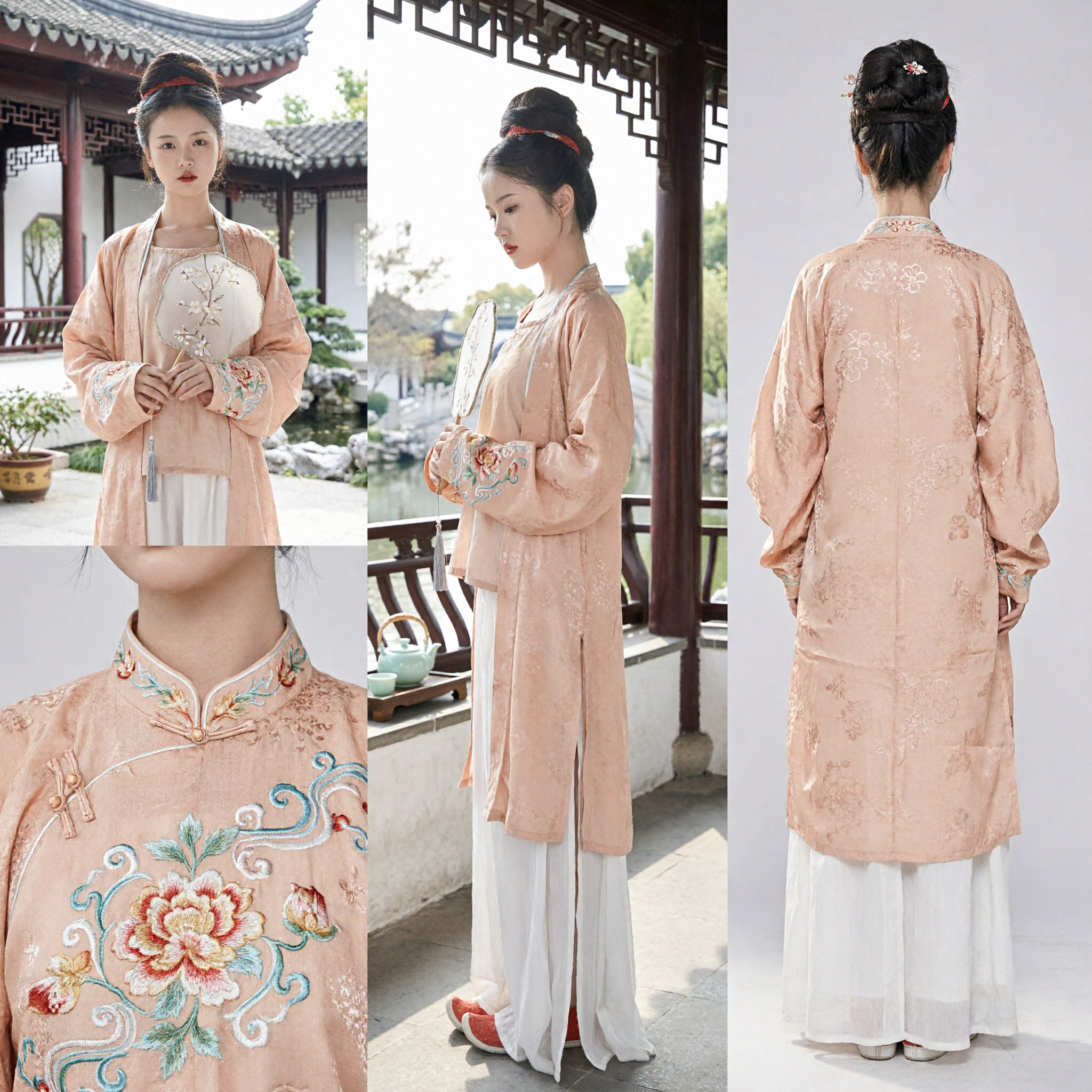 Traditional Chinese Hanfu Song Dynasty Style Peach Embroidered Jacket and White Pants Costume for Women - Asian Costume