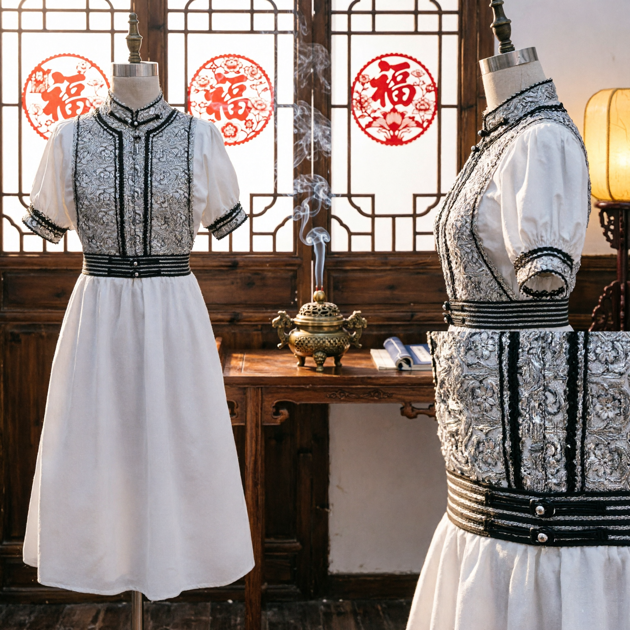 Elegant White Traditional Chinese Folk Dress with Black Embroidery and Puffed Sleeves for Women Stage Performance Costume - Asian Costume