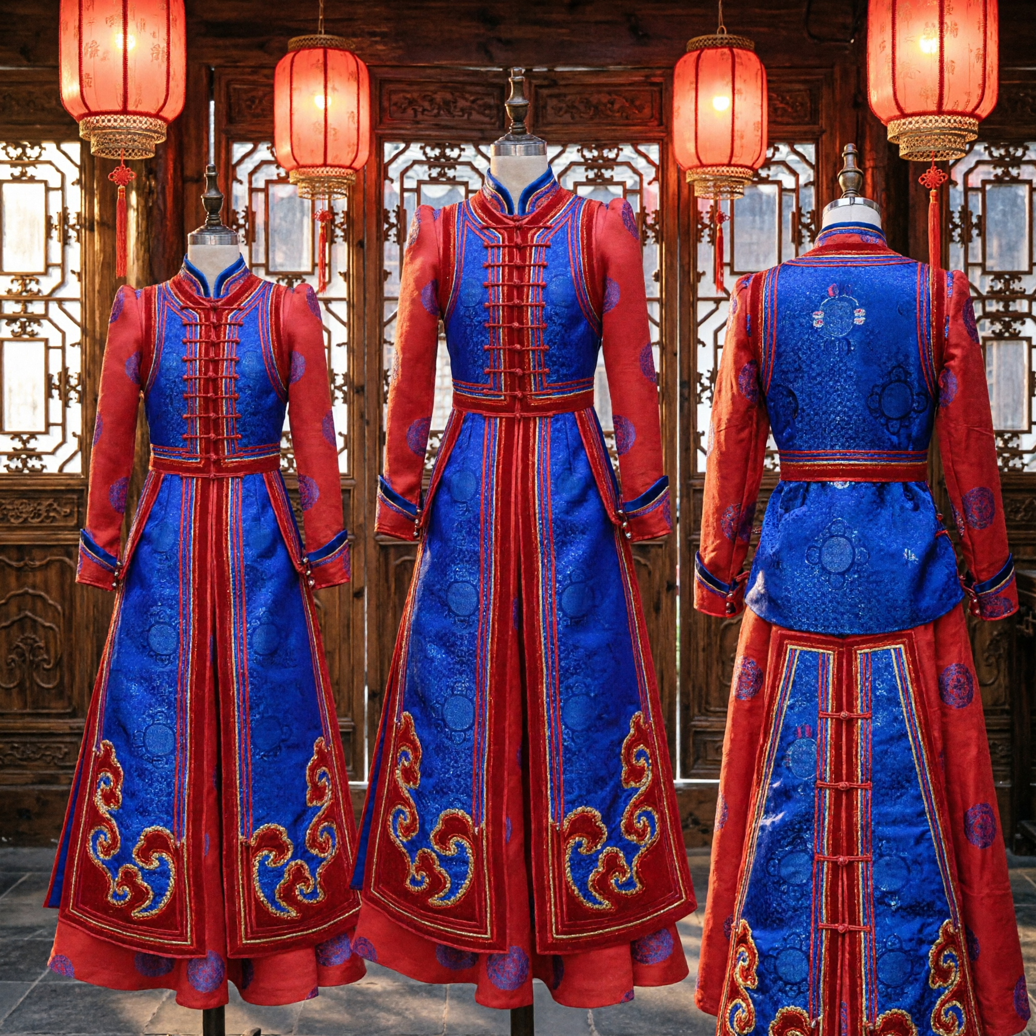 Traditional Chinese Mongolian Robe Women's Blue and Red Embroidered Folk Dance Costume for Stage Performance - Asian Costume