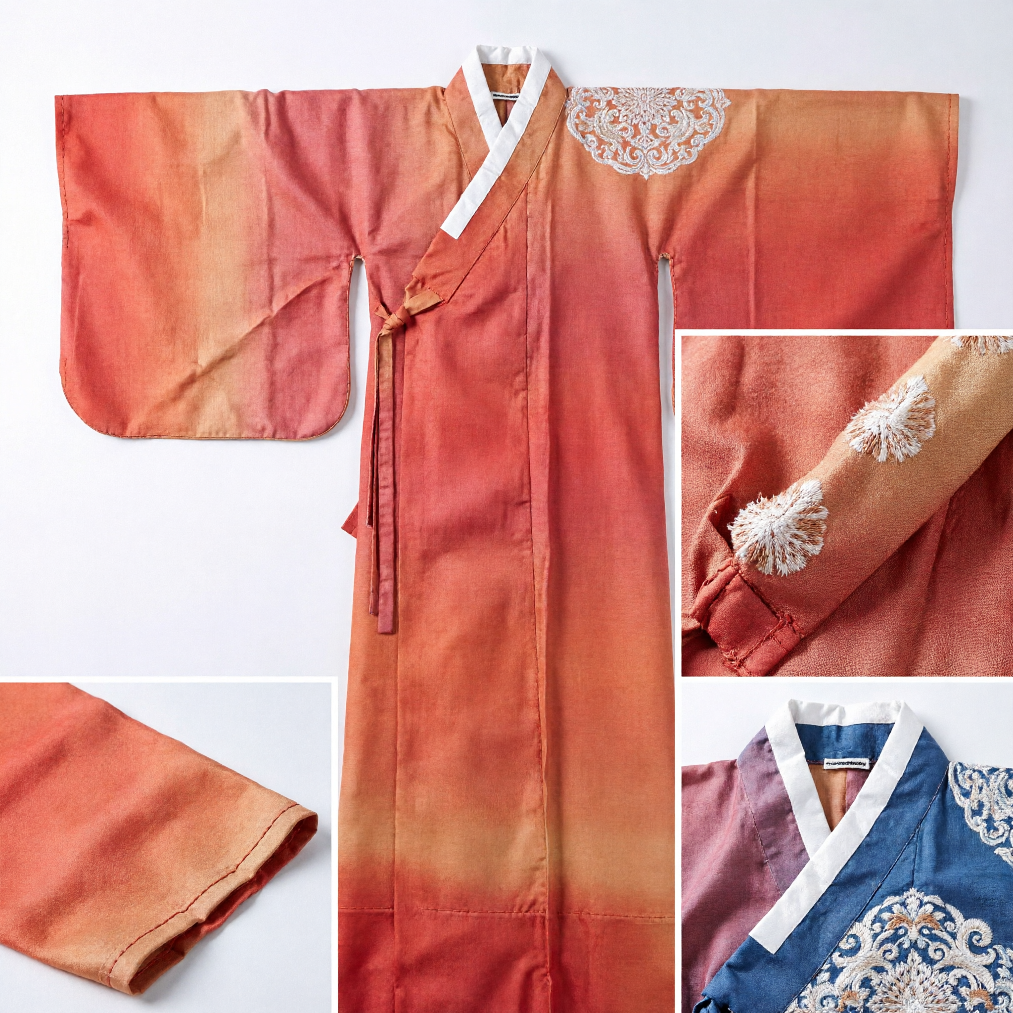 Traditional Chinese Orange Gradient Hanfu Robe with Blue Embroidery Ancient Silk Costume for Performance - Asian Costume