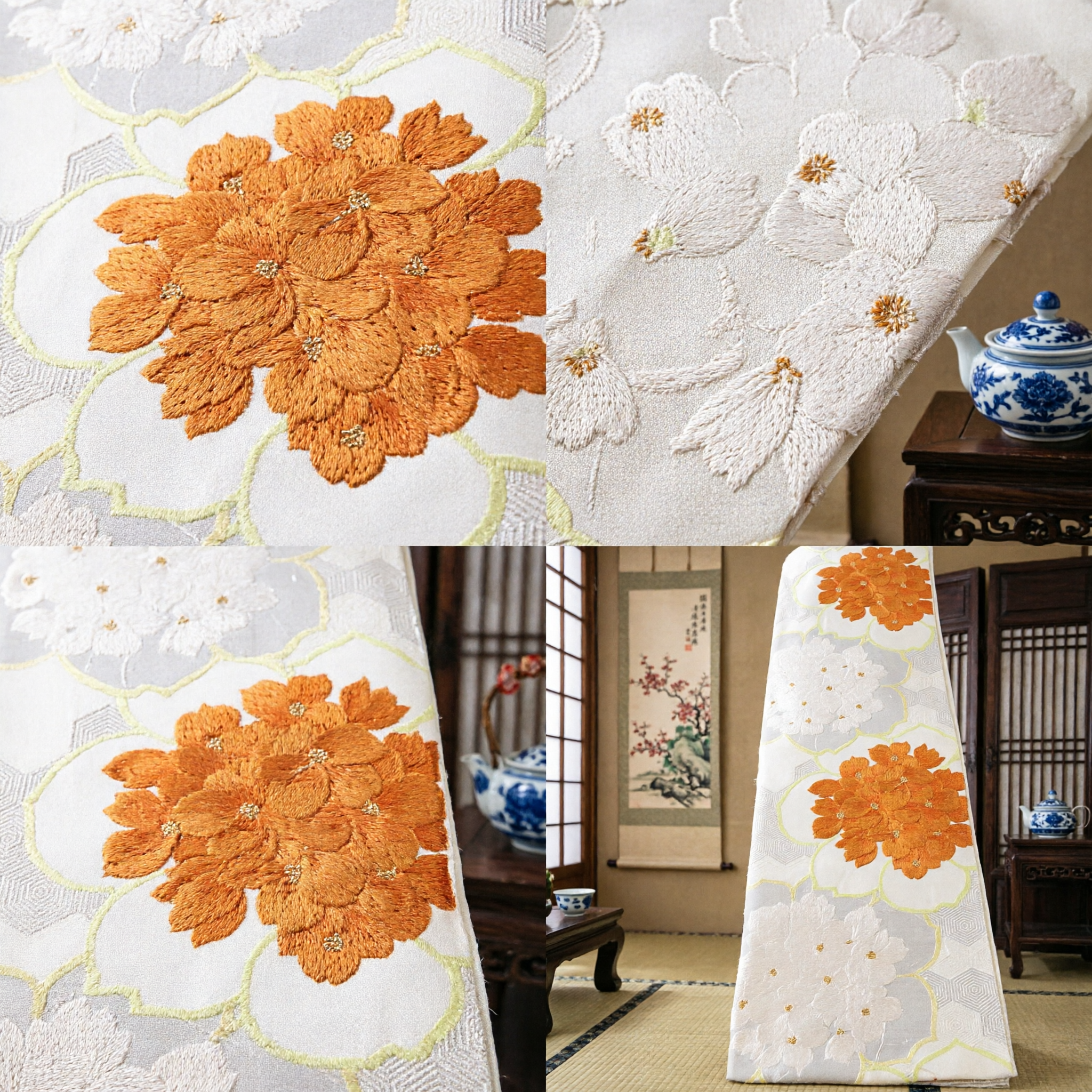 Traditional Asian Silk Brocade Sash Orange Floral Pattern for Kimono Hanfu Wedding Formal Wear - Asian Costume