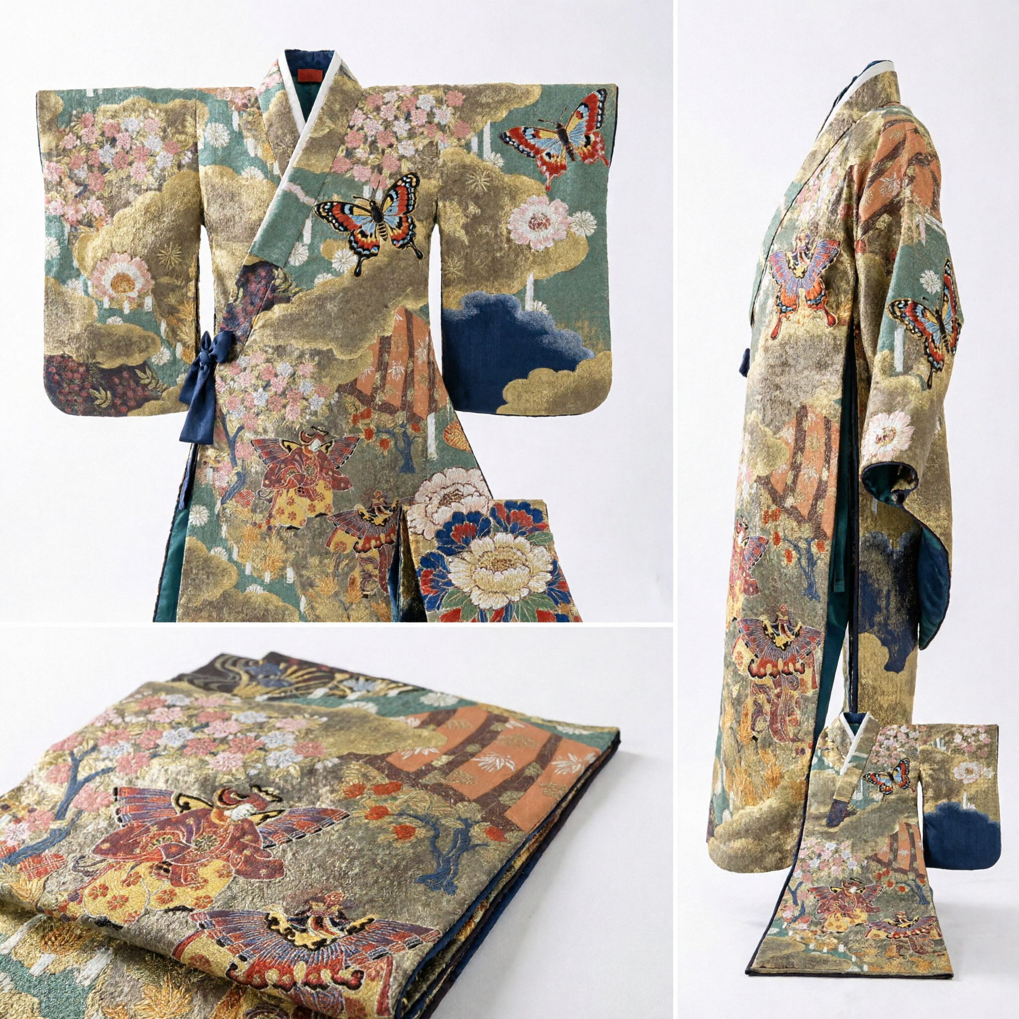 Traditional Japanese Kimono Brocade Fabric Gold Green Floral Pattern for DIY Costume Obi Sash Material - Asian Costume