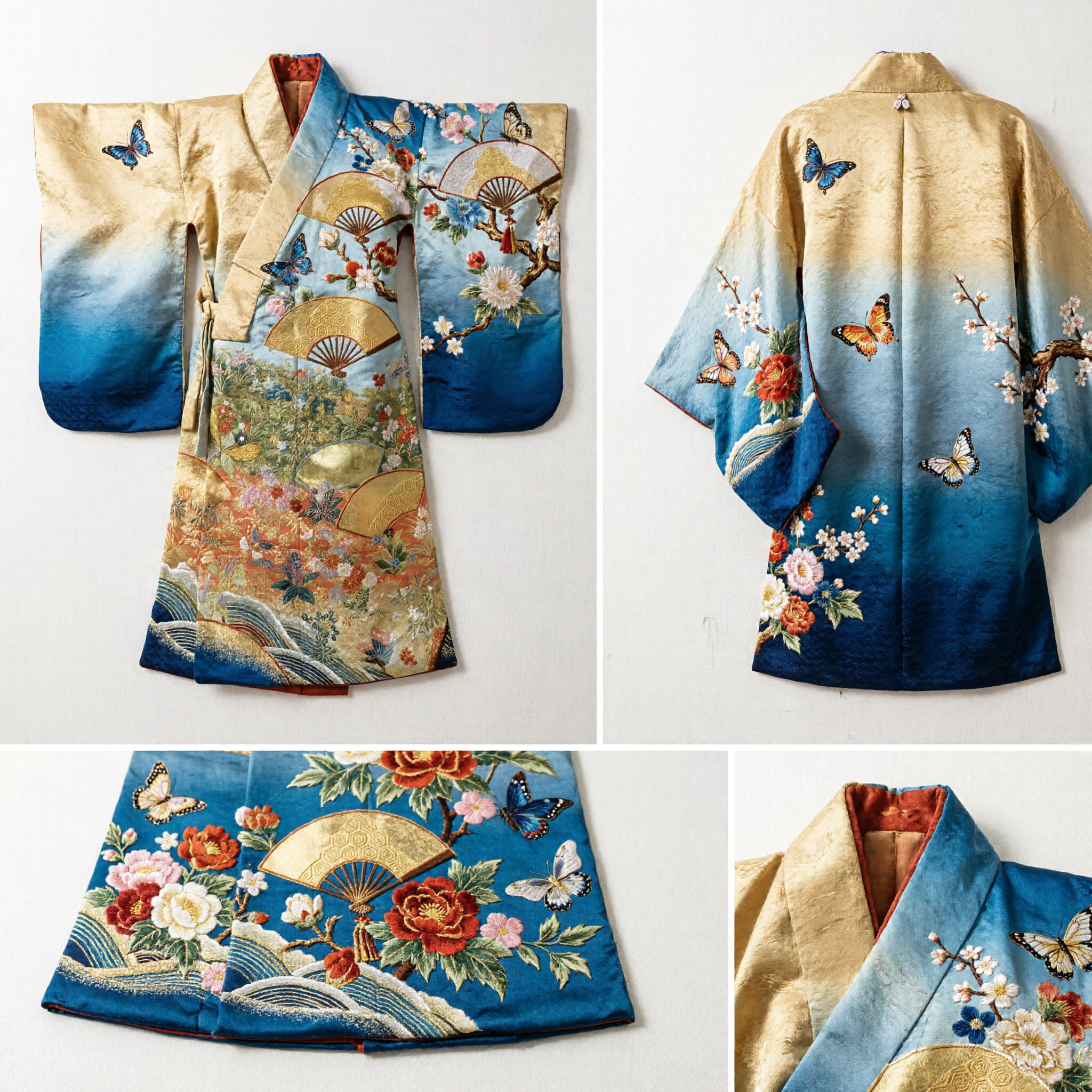 Japanese Style Gold Brocade Fabric with Fans and Floral Print for Kimono Obi Sash DIY Costume Making - Asian Costume