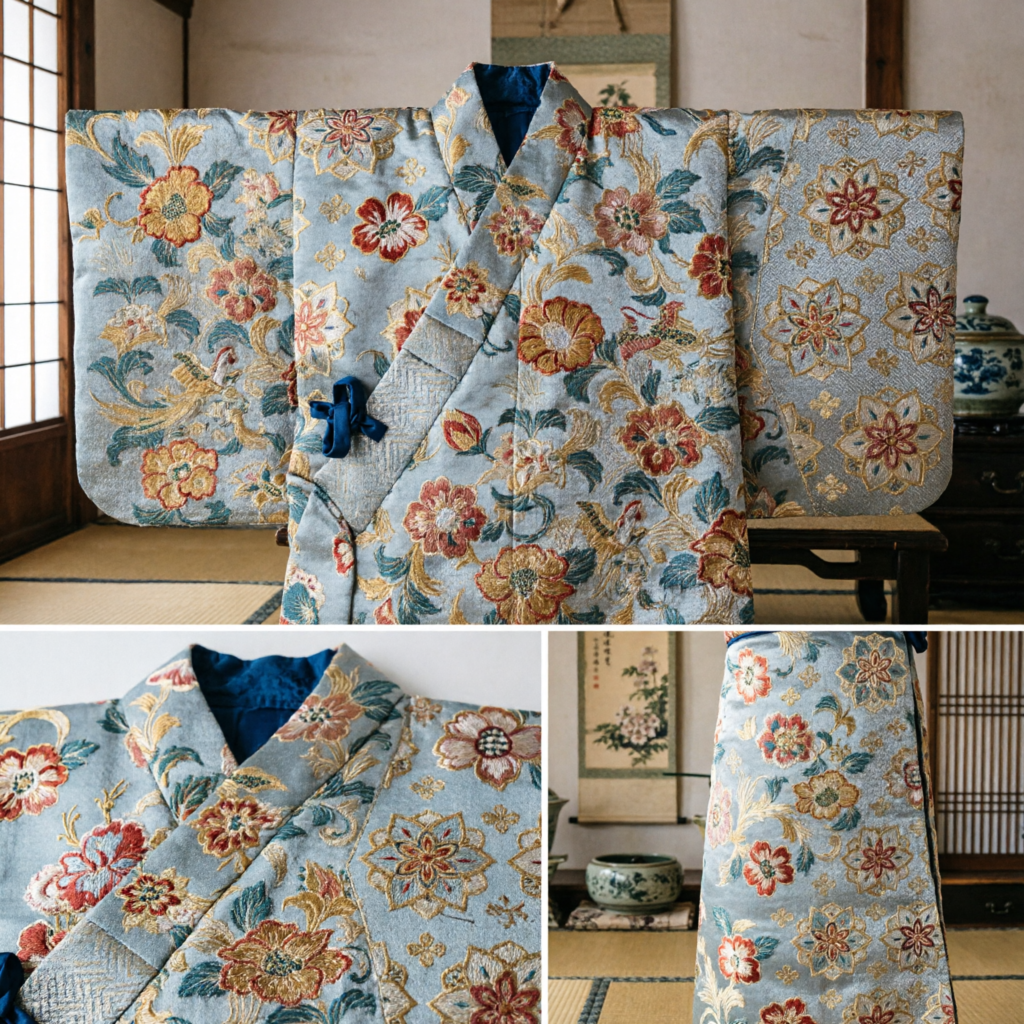 Traditional Chinese Grey Silk Brocade Fabric with Gold Floral Pattern for Hanfu and Tang Suit Making - Asian Costume