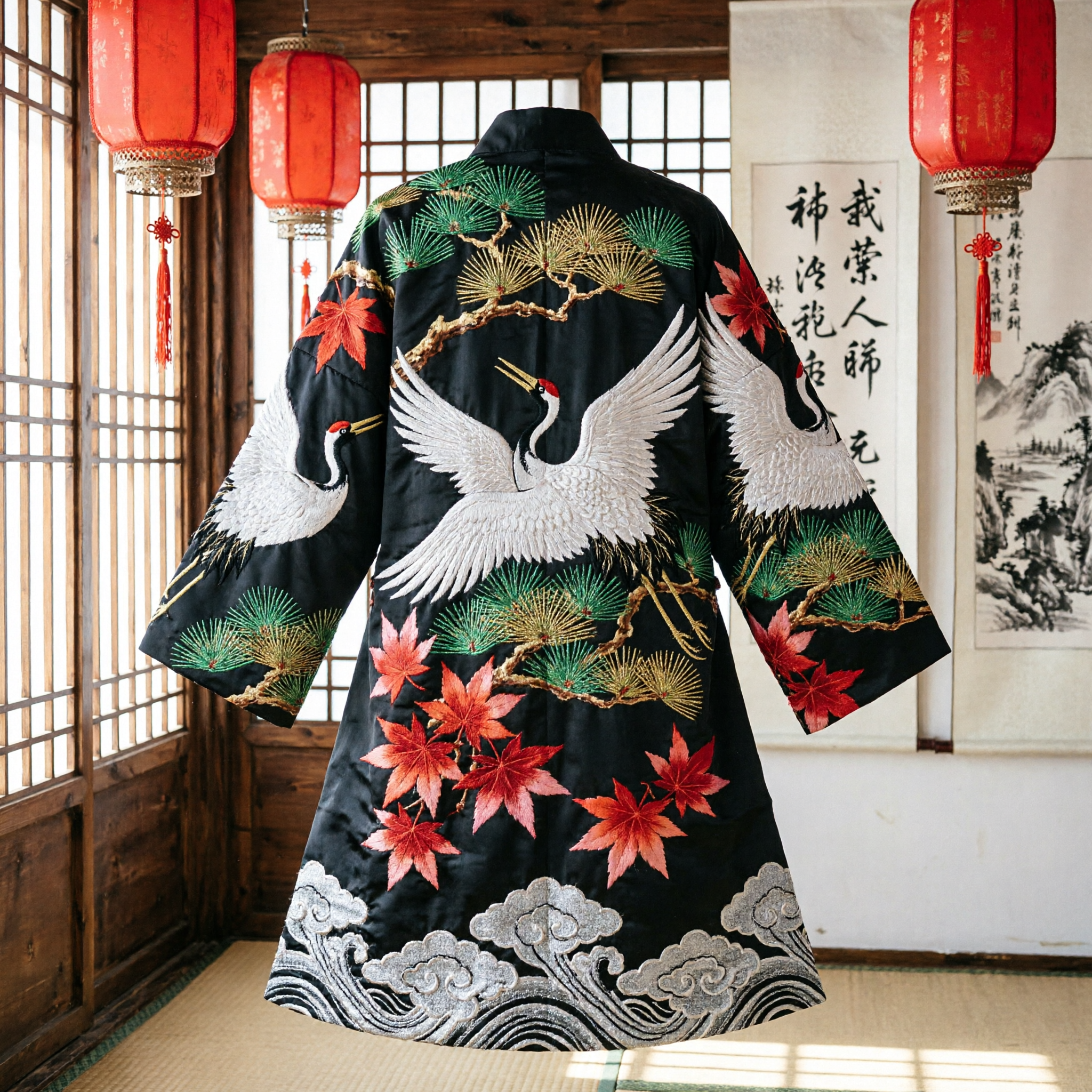 Traditional Chinese Black Silk Scarf with Auspicious Crane and Pine Patterns for Hanfu Costume Accessories - Asian Costume