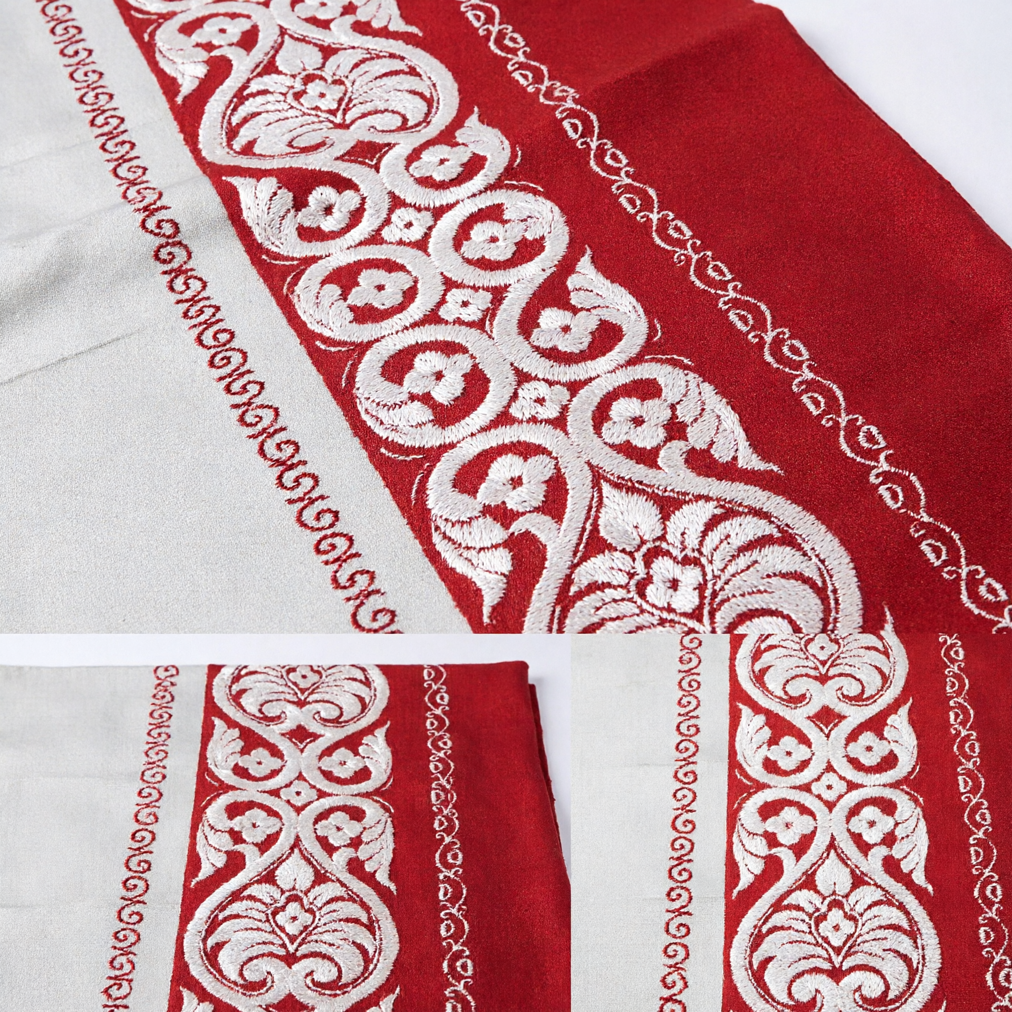 Traditional Chinese Brocade Fabric Trim Ribbon Red and Silver Floral Pattern for Hanfu Qipao Costume Making - Asian Costume