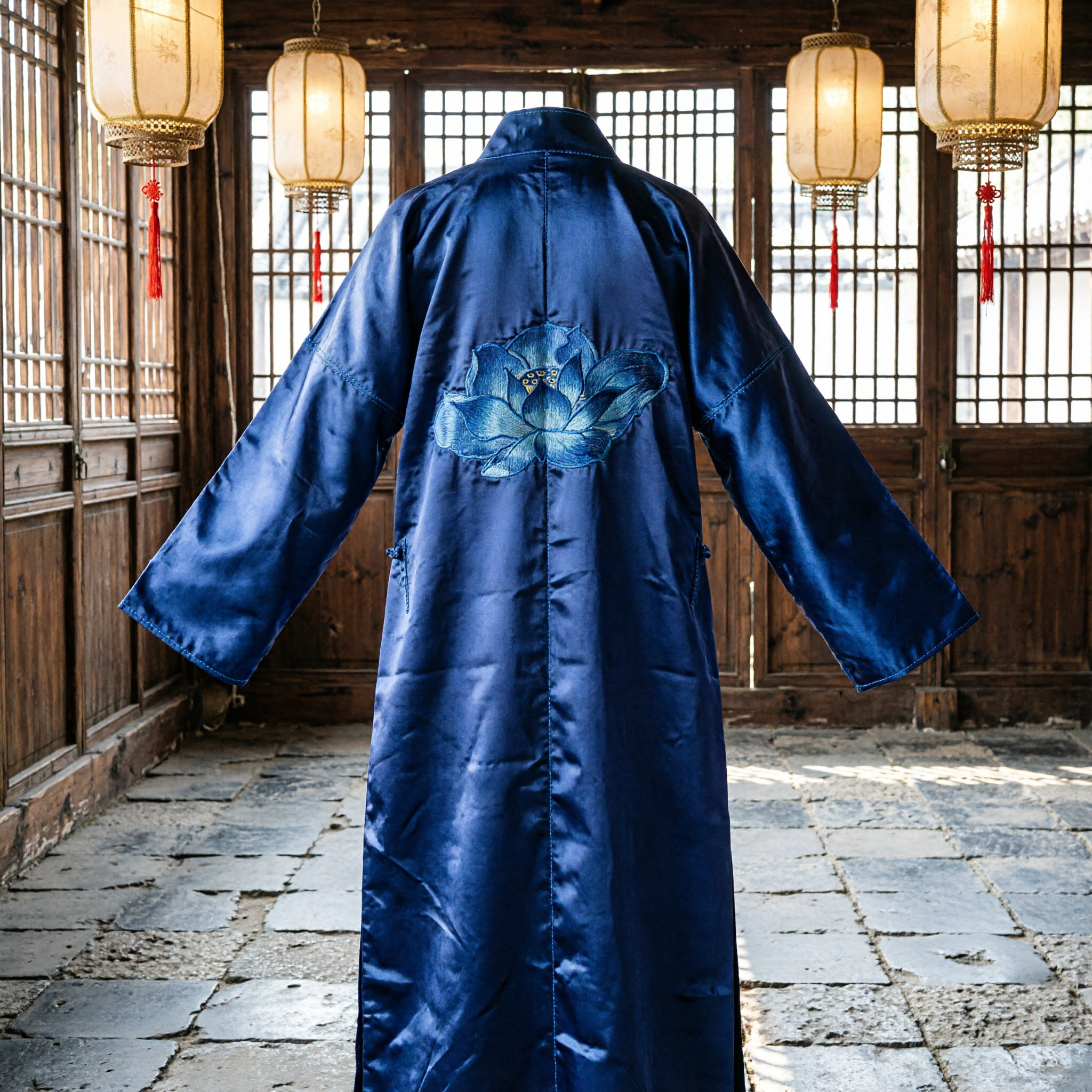 Traditional Chinese Blue Silk Robe with Floral Embroidery Long Hanfu Coat for Adults Stage Performance - Asian Costume