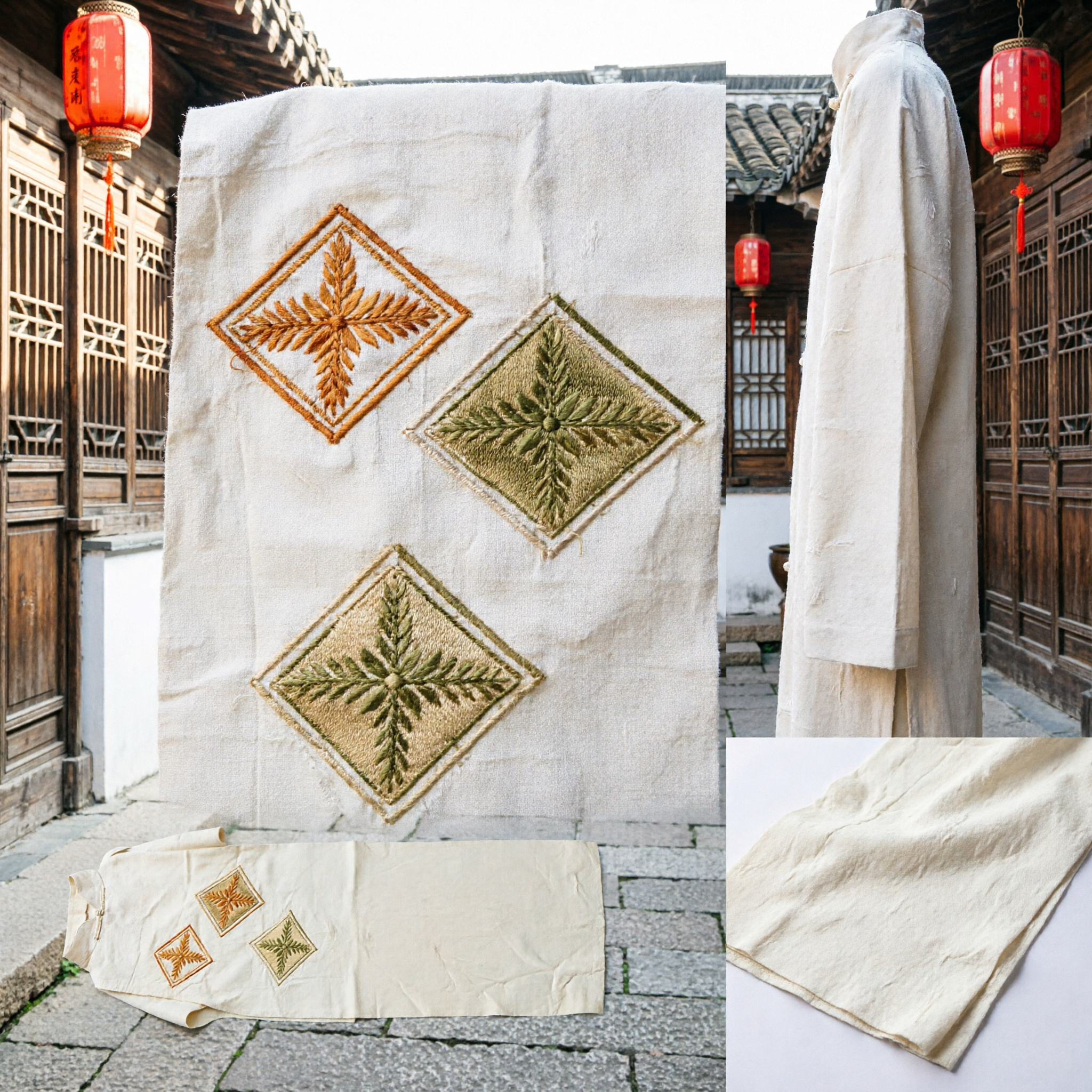 Traditional Chinese Cream Silk Sash with Leaf Embroidery for Hanfu Ethnic Costume Dance Performance - Asian Costume