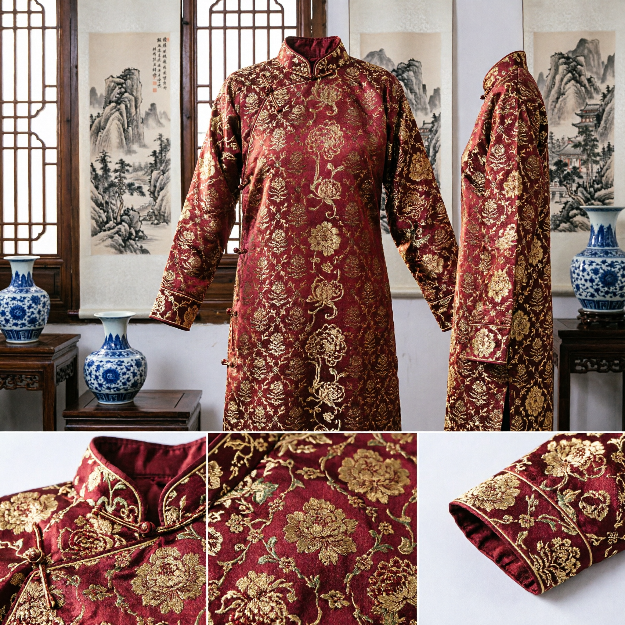 Traditional Chinese Red Brocade Fabric Gold Lotus Pattern for Buddhist Monk Robe or Hanfu Costume Sash - Asian Costume