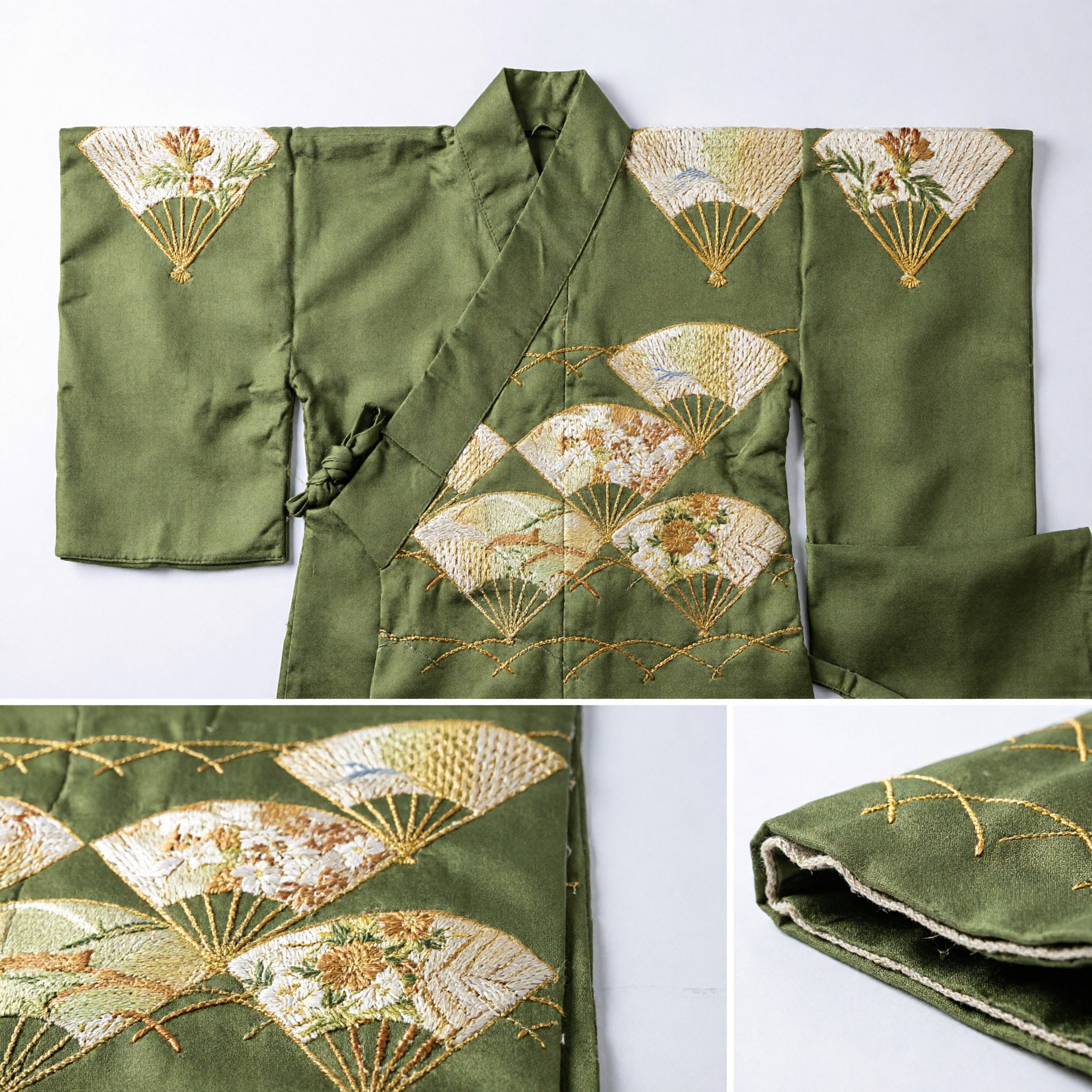 Elegant Olive Green Japanese Kimono Obi Sash with Gold Fan Embroidery for Women Traditional Formal Occasions - Asian Costume