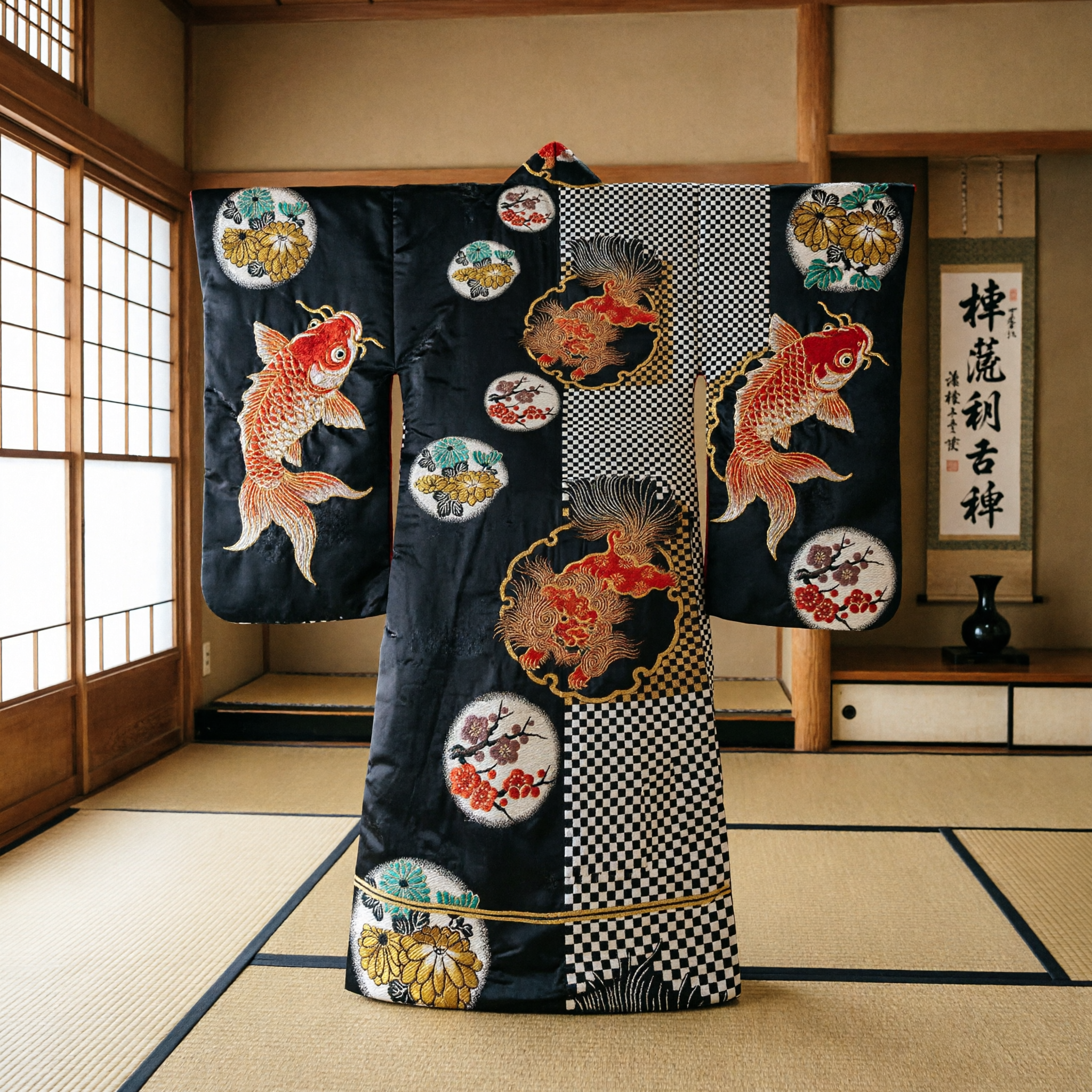 Traditional Chinese Black Sash with Golden Phoenix Embroidery and Floral Medallions for Hanfu Costume - Asian Costume