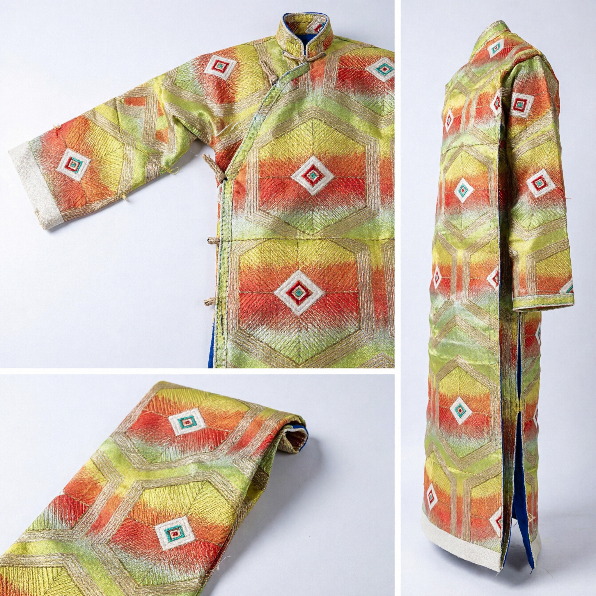 Traditional Chinese Brocade Sash Yellow Green Geometric Pattern Scarf for Tibetan Folk Dance Costume - Asian Costume