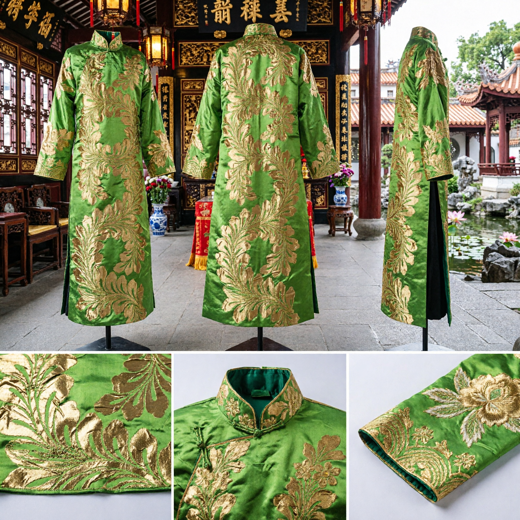 Traditional Chinese Green Silk Sash with Gold Embroidery for Folk Dance and Hanfu Costume Accessories - Asian Costume