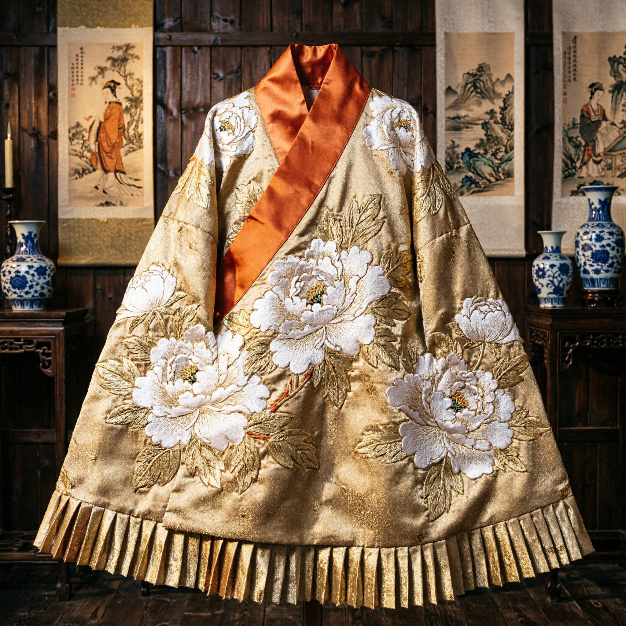 Traditional Chinese Gold Brocade Sash with White Chrysanthemum Floral Design for Hanfu Costume - Asian Costume