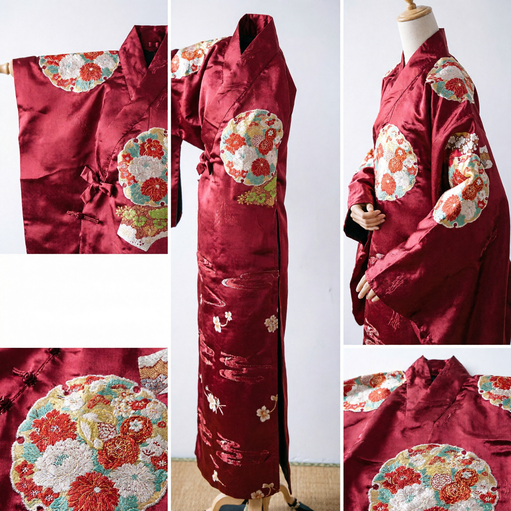 Traditional Japanese Red Silk Kimono Obi Sash with Floral Chrysanthemum and Fan Motif for Women Formal Wear - Asian Costume