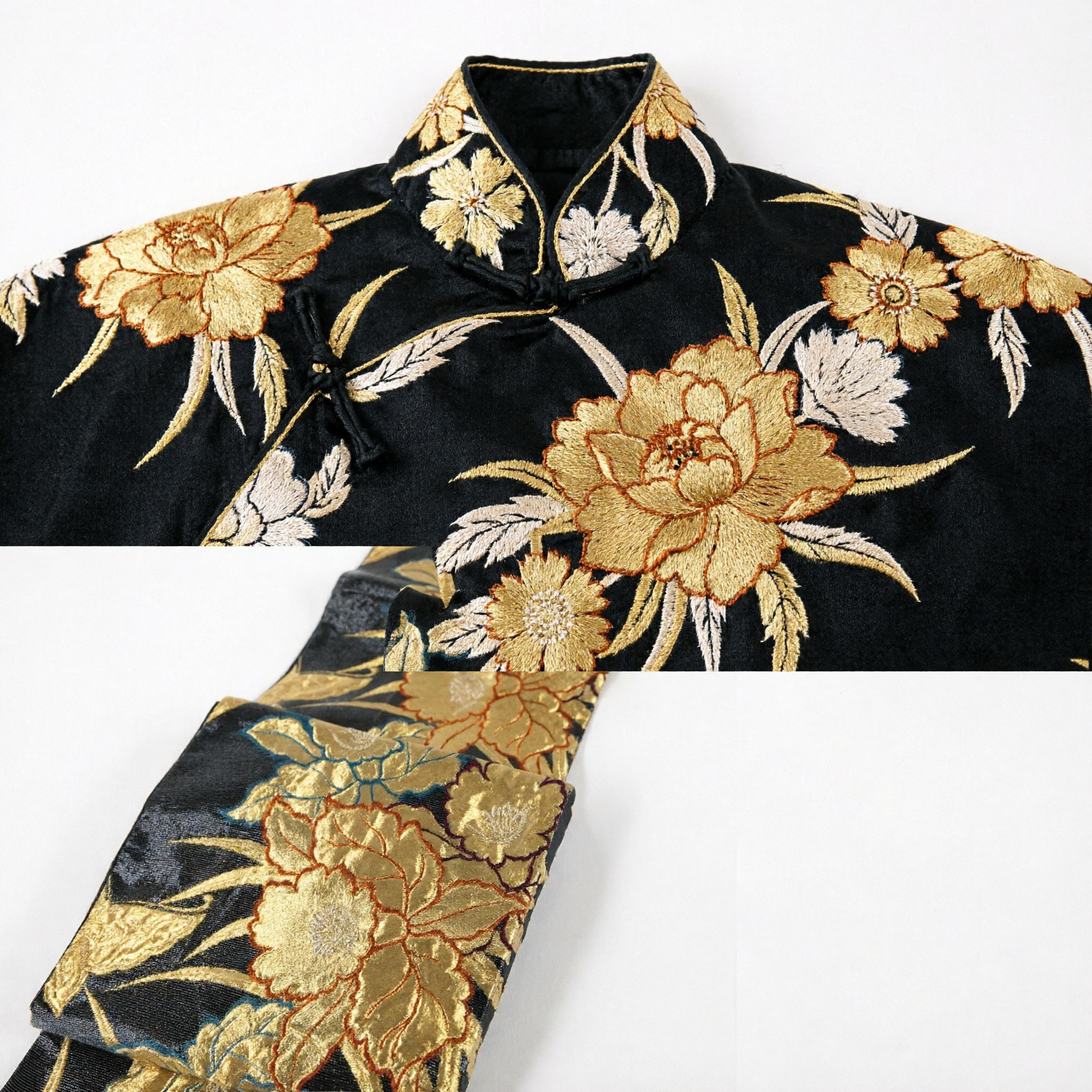 Traditional Chinese Black Silk Brocade Fabric with Gold Peony Pattern for Hanfu Costume Making - Asian Costume