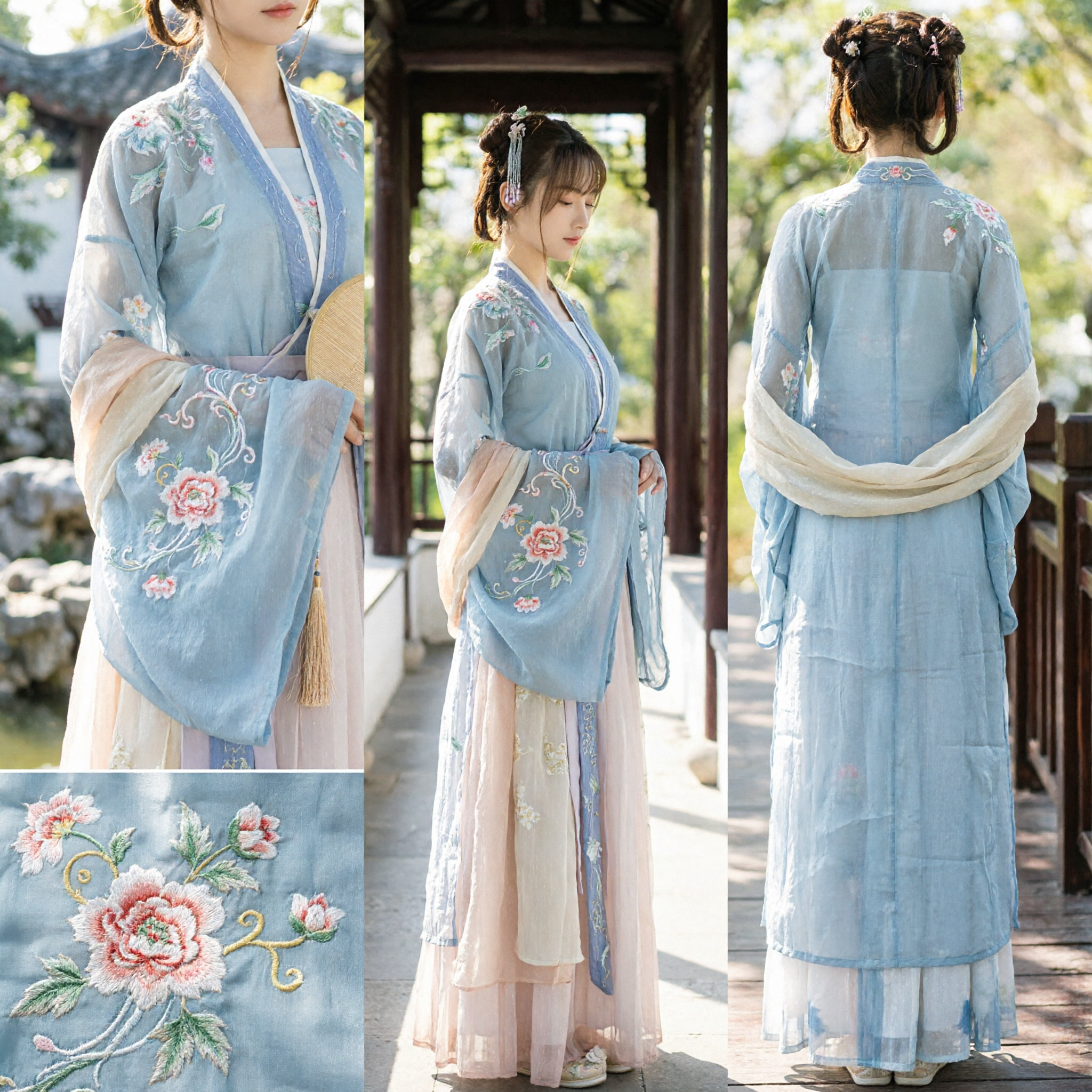Elegant Blue Song Dynasty Hanfu Traditional Chinese Embroidered Fairy Dress for Women Summer Wear - Asian Costume