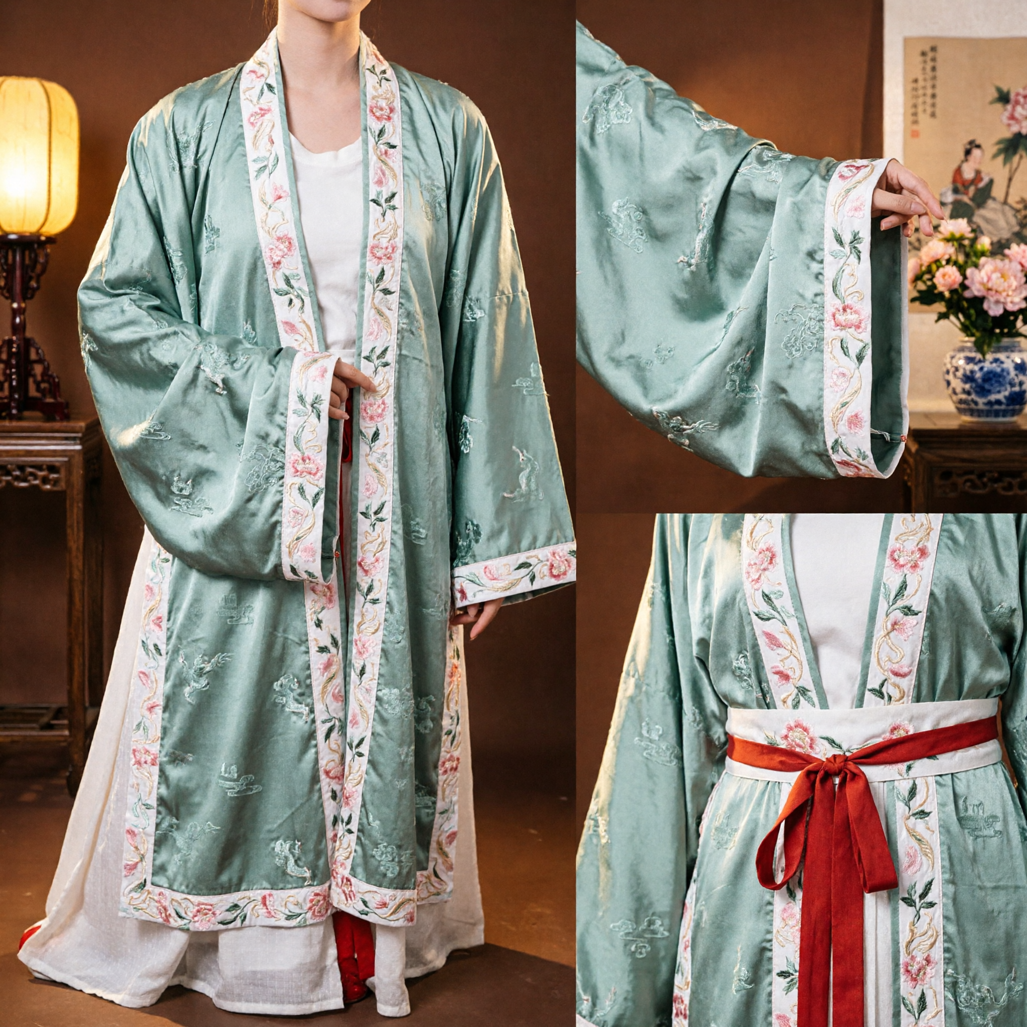 Elegant Sage Green Hanfu Dress Traditional Chinese Ancient Costume Floral Embroidery for Women Photography - Asian Costume
